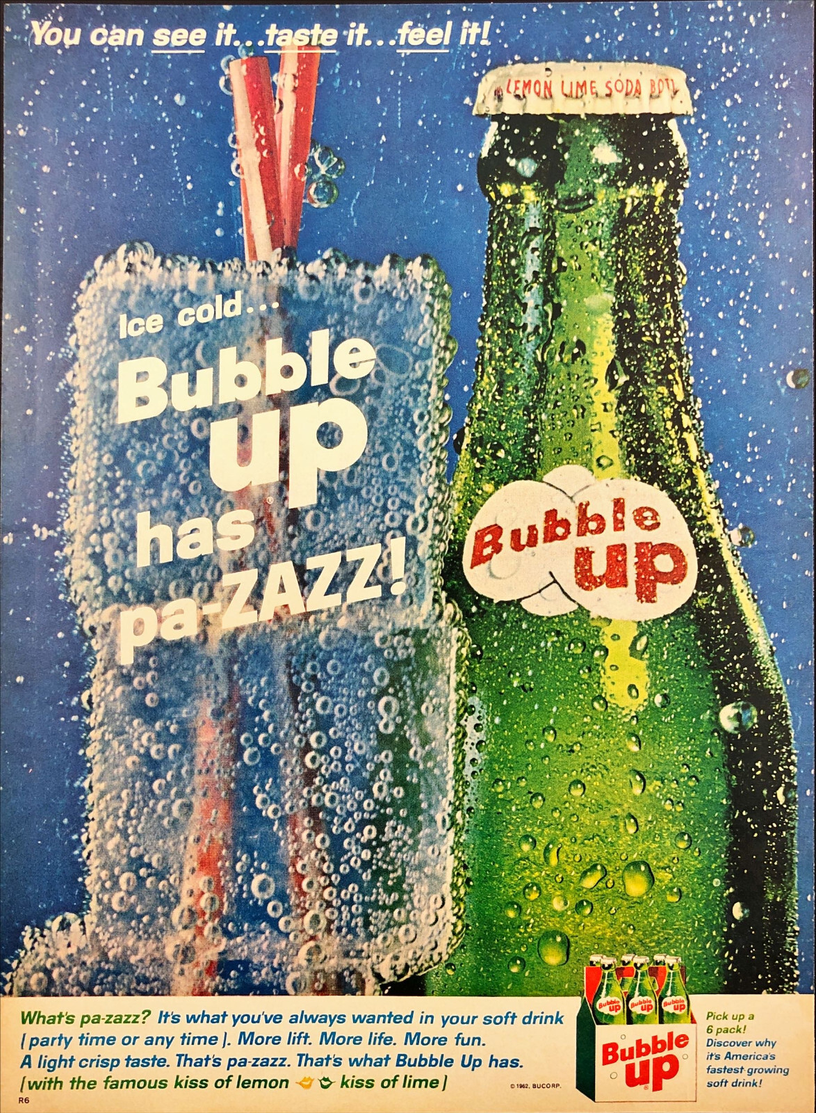 1962 Bubble Up Soft Drink Bottle Ice Cold Bubble Up pa-zazz Vintage Print Ad