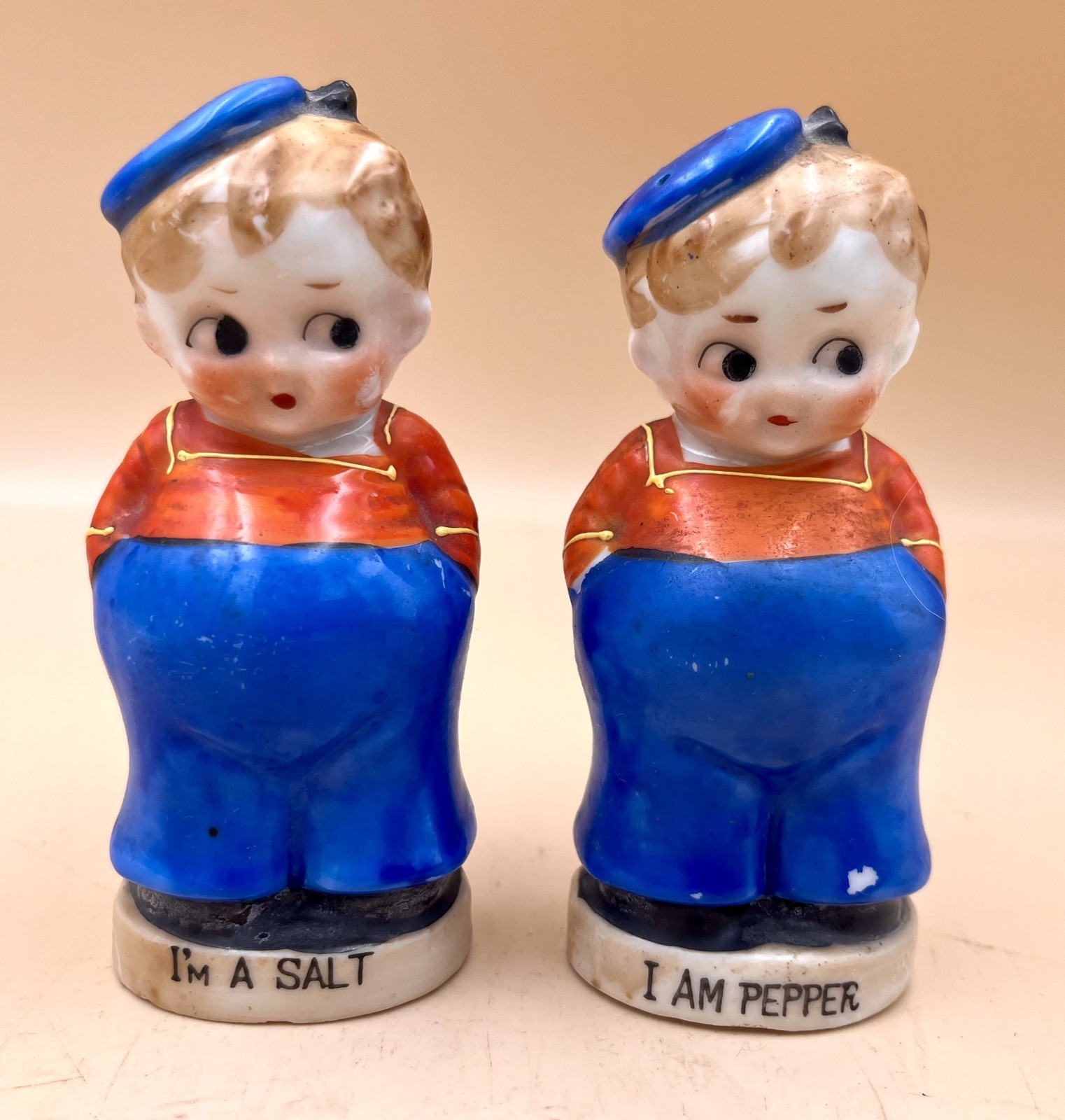Vintage Japan Sailor Boy Salt and Pepper Shakers Ceramic 1940s Mid-Century Kid