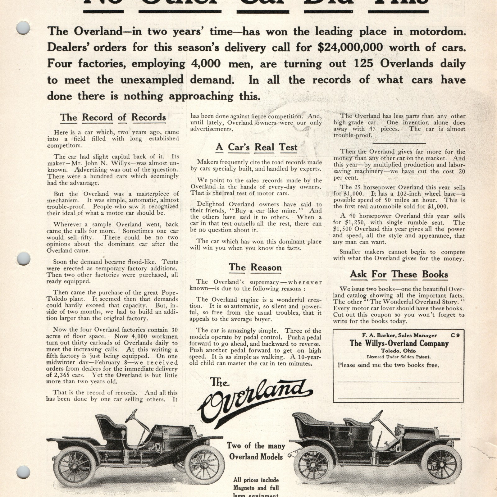 1910 Willys Overland Model 38 25-HP Runabout Car Print Ad 40 HP Touring Toledo