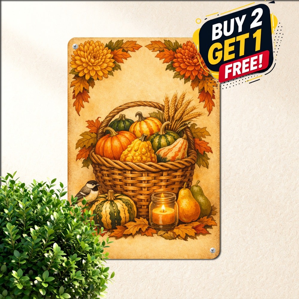 Vintage Sunflower Lantern Fall Sign Metal Tin Sign Autumn Harvest Decor 8x12
