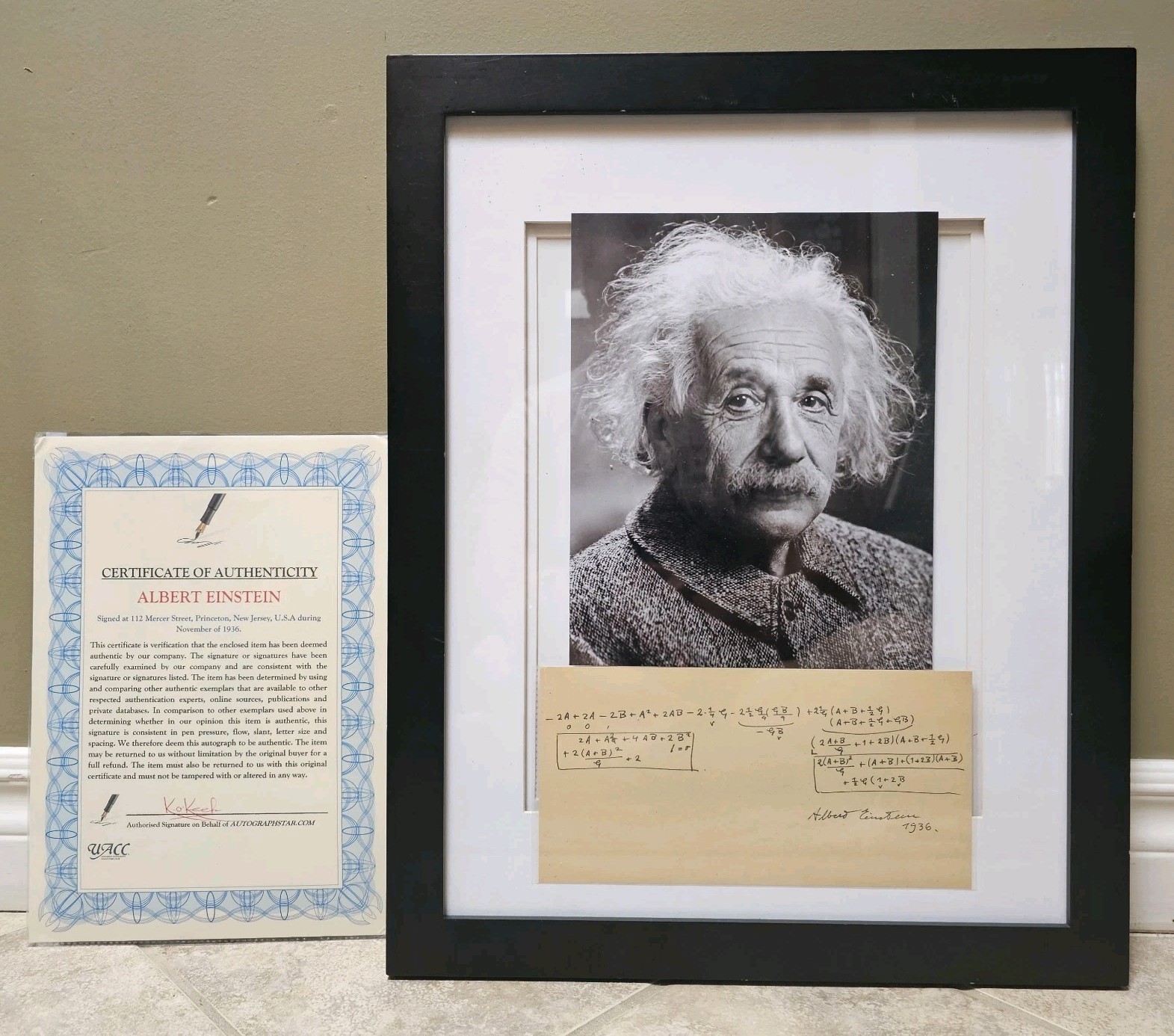 Albert Einstein -Authentic Hand Signed & Dated Formula -Autographed -Framed -COA