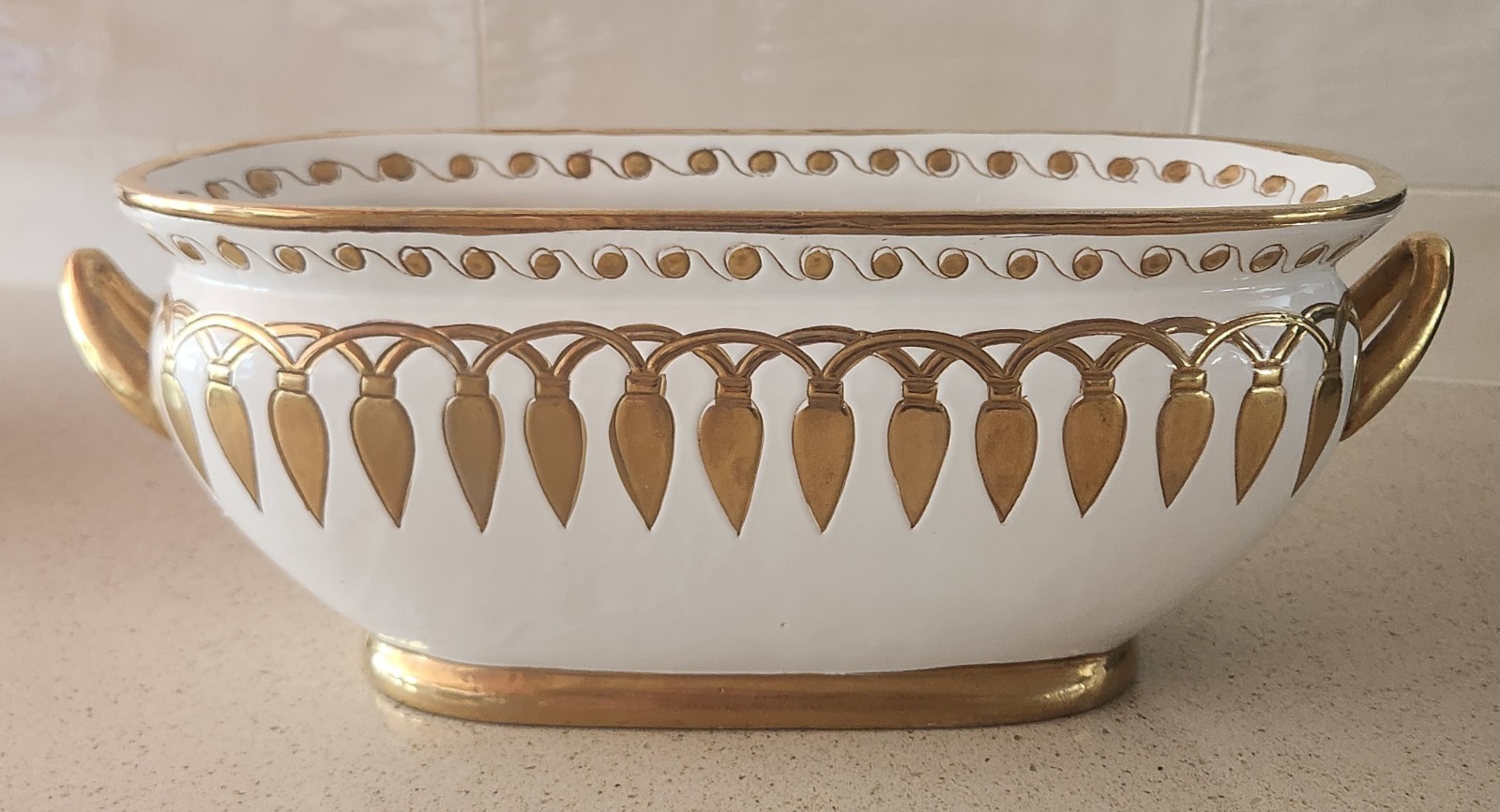 Ugo ZACCAGNINI Ceramic Gold & White Bowl Vase Vessel ITALY MCM Deco Style