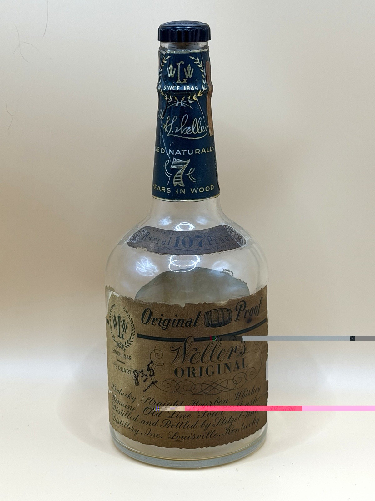 Vintage Weller's Original Barrel 107 Proof “EMPTY” Bottle 7 Year Old 4/5 Quart