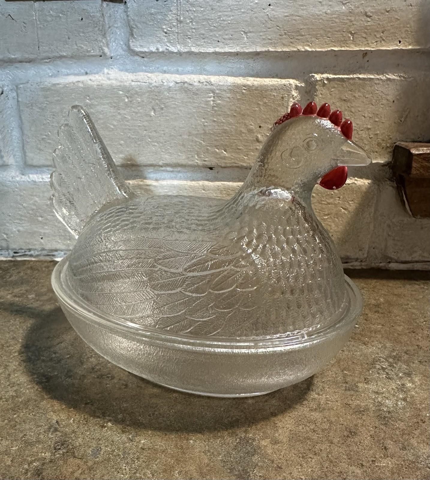 Hen On Nest Vintage Indiana Glass Company MCM Chicken Decor Clear With Red Comb