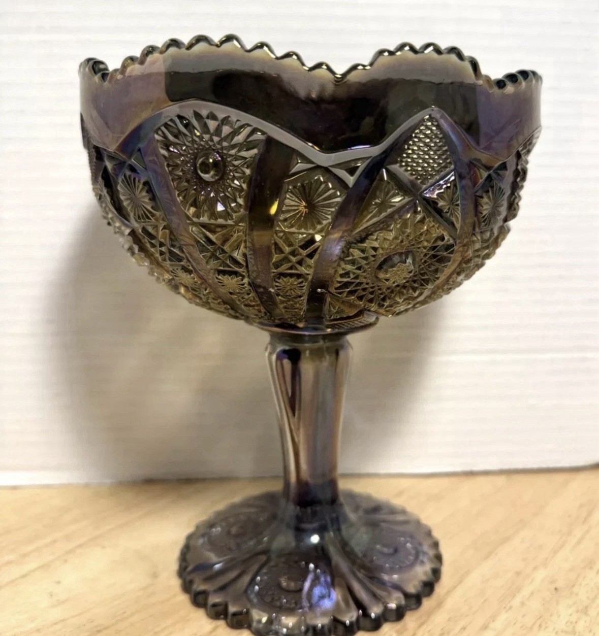 Vtg Imperial Amethyst Carnival Glass Hobstar Sawtooth Compote Pedestal 7-3/4” Vtg Imperial Amethyst Carnival Glass Hobstar Sawtooth Compote Pedestal 7-3/4”