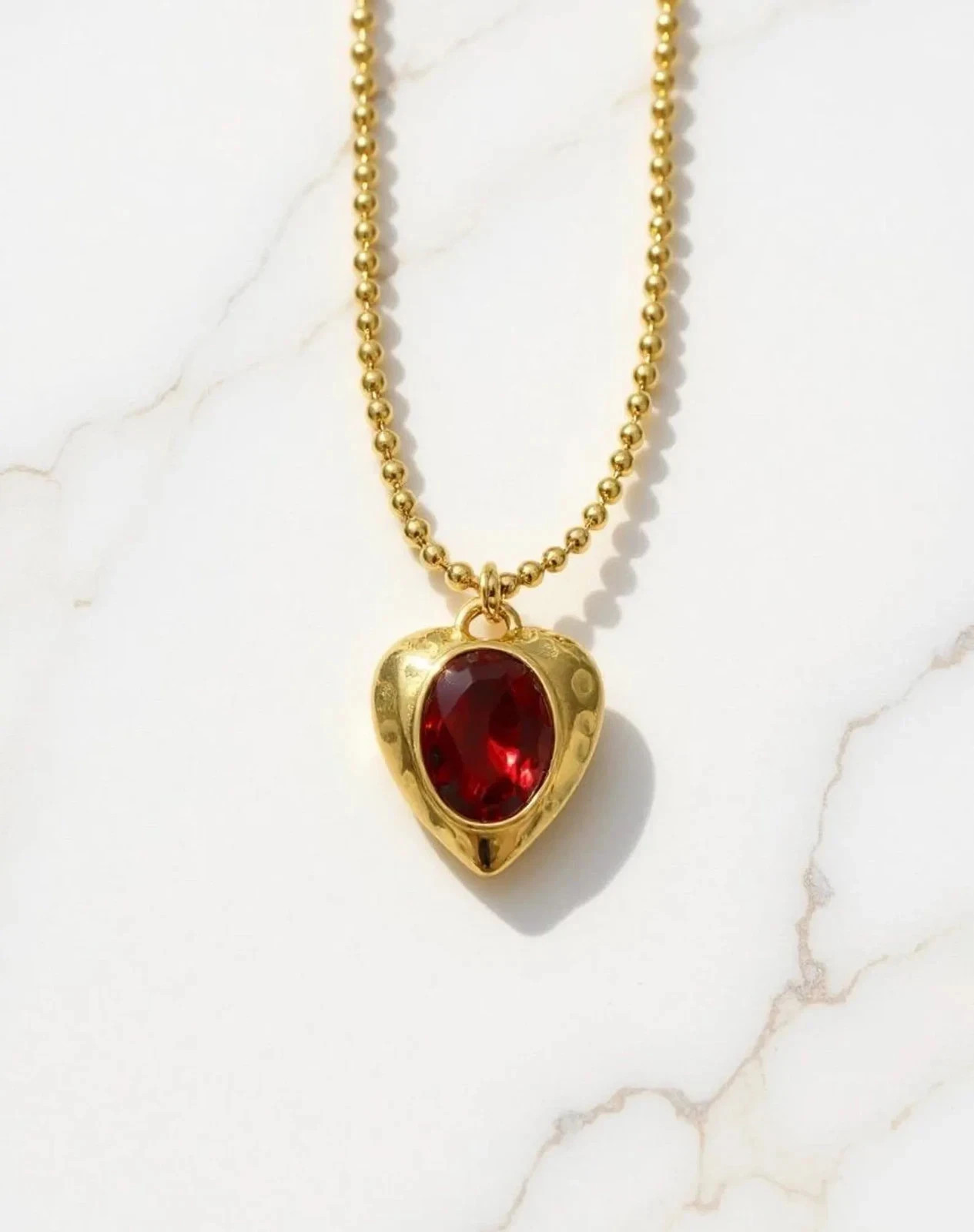 Heart Pendant Necklace Shiny Red Garnet Stone in 14K Yellow Gold Plated 18\'\'