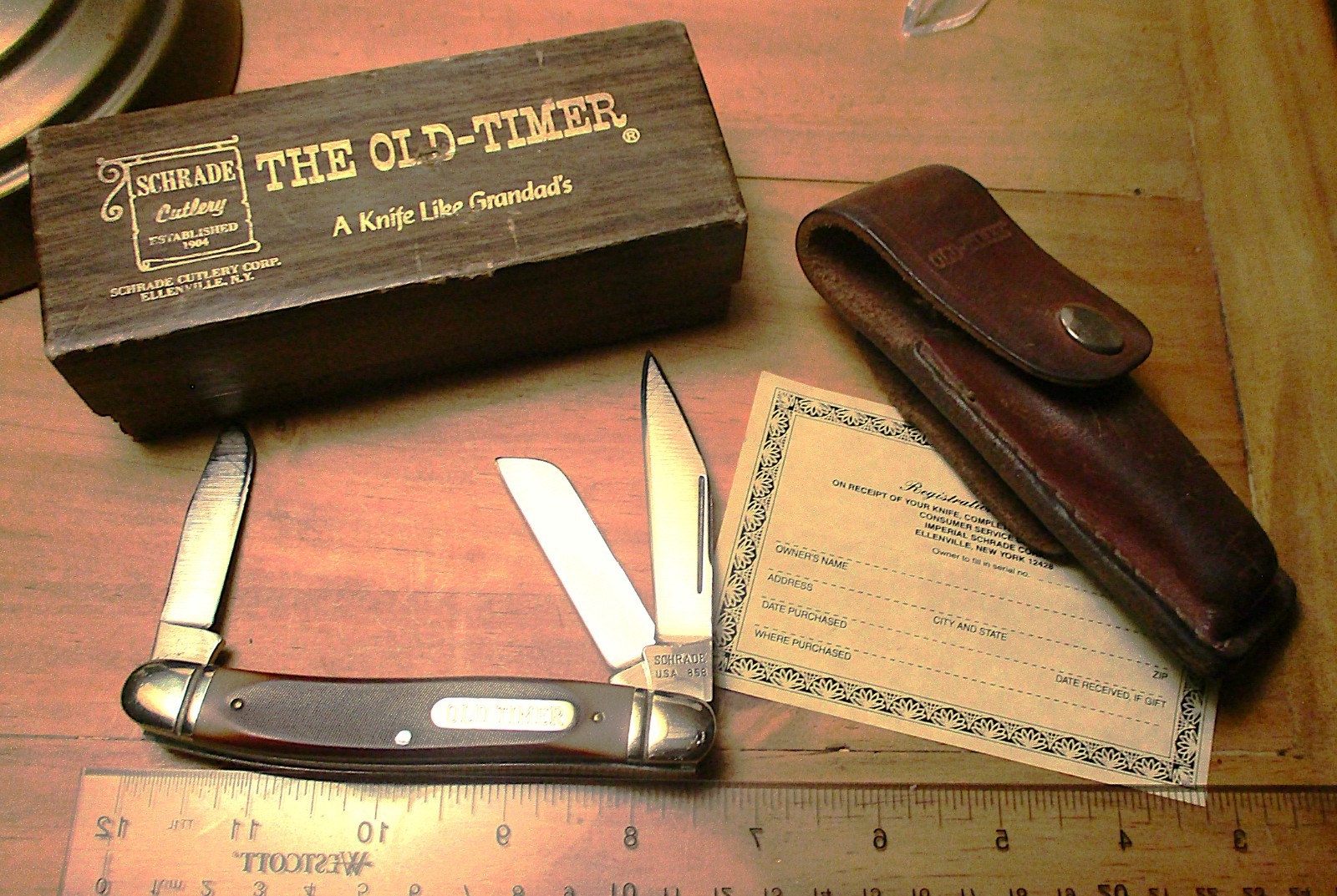Vintage Schrade USA 858OT Old Timer Lumberjack Stockman Knife, Sheath, Box