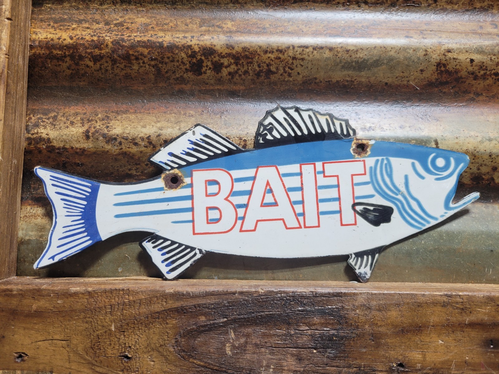 VINTAGE BAIT PORCELAIN SIGN OLD DIECUT FISH TACKLE SHOP FISHING STORE BASS SPORT