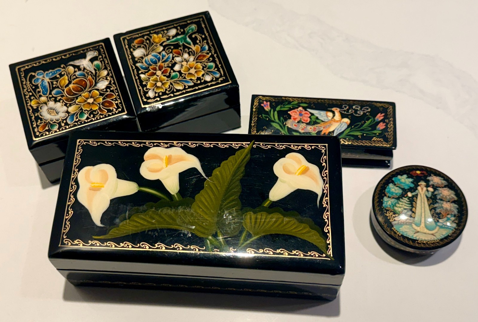 Vintage Russian Palekh Lacquer Box Set– 5 Hand Painted Jewelry Boxes (Signed)
