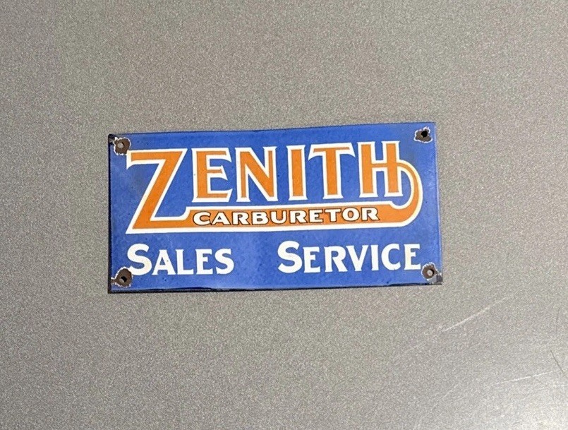 VINTAGE 12” ZENITH CARBURETORS PORCELAIN SIGN CAR GAS OIL TRUCK MOTORCYCLE