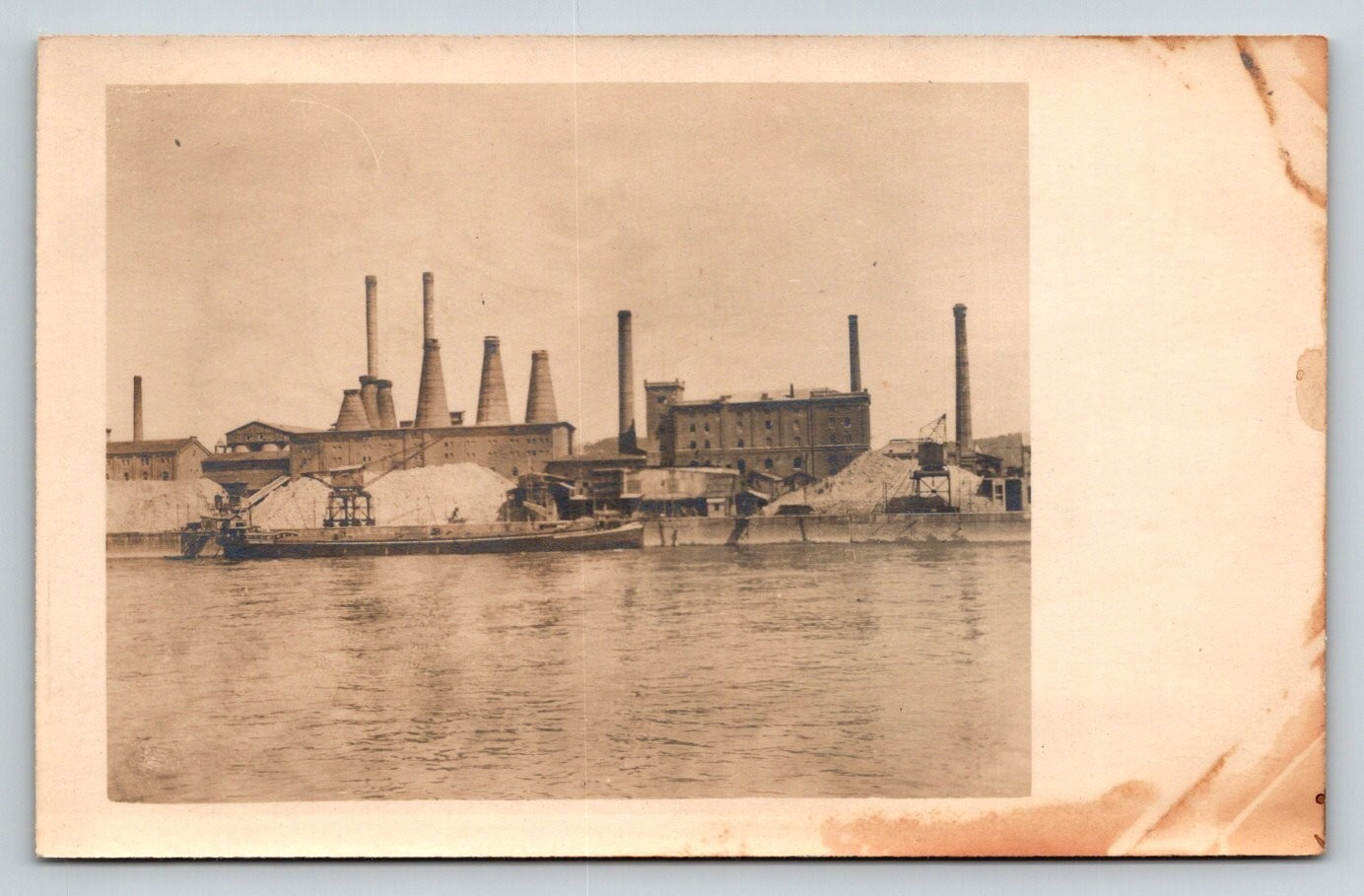 RPPC Factory Cranes Piles of Salt on Ocean Front Unknown Postcard RPPC Factory Cranes Piles of Salt on Ocean Front Unknown Postcard
