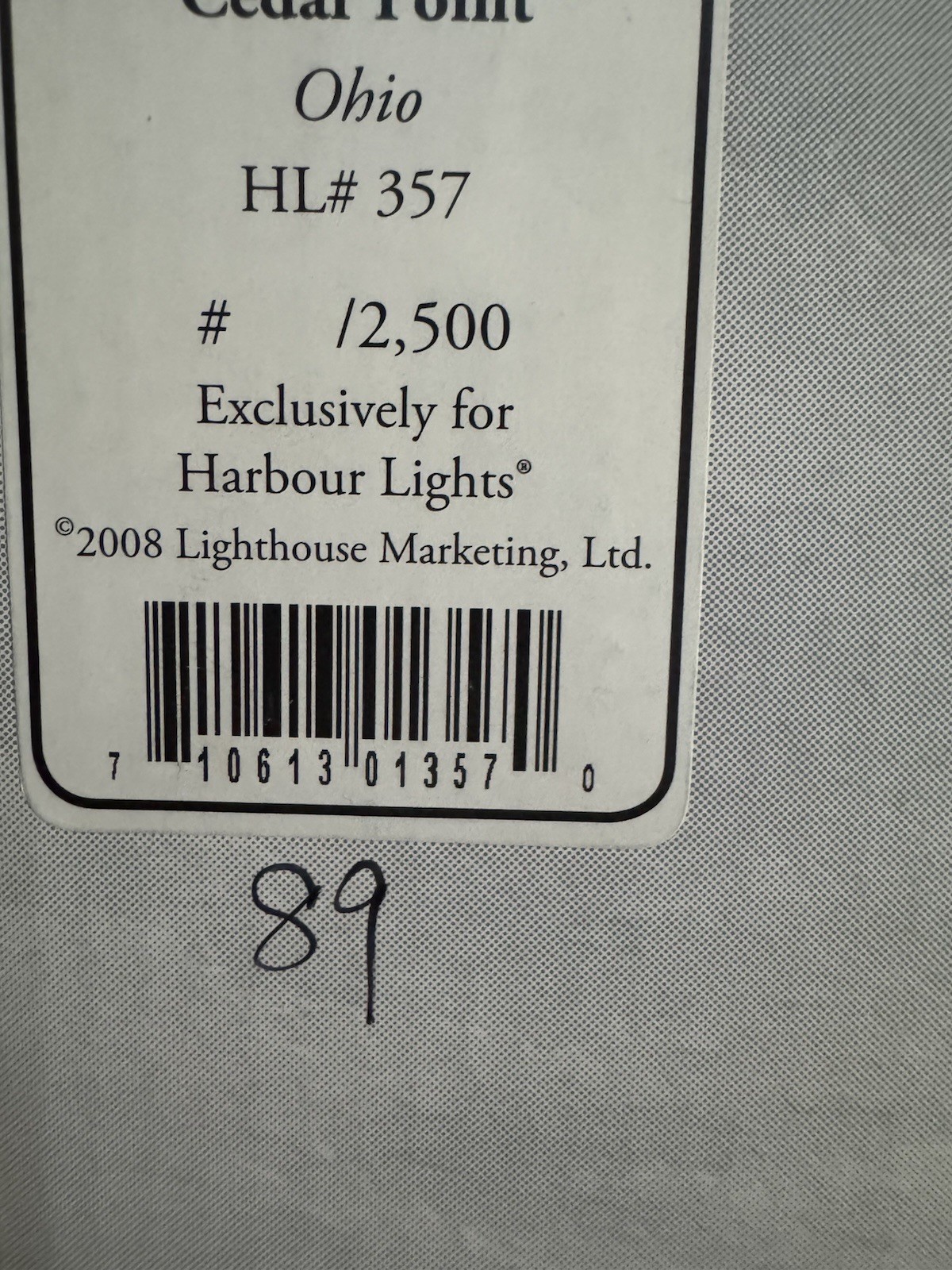 HARBOUR LIGHTS CEDAR POINT, OHIO # HL 357 low number 89 of approx 2500 produced HARBOUR LIGHTS CEDAR POINT, OHIO # HL 357 low number 89 of approx 2500 produced