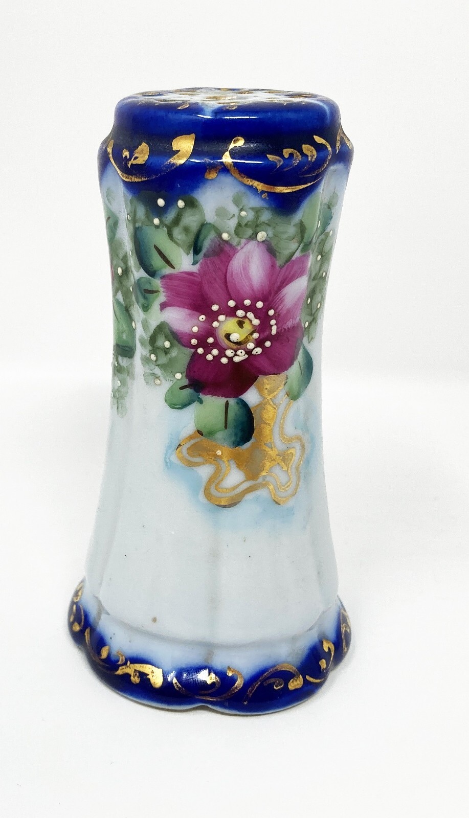 VTG  Porcelain Hat Pin Holder Hand Painted Blue & Pink Flowers Gold Accents