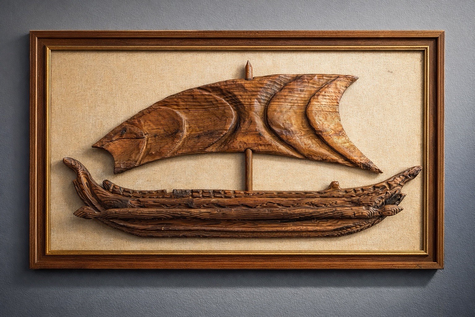 Large Tiki Ship & Sail Wall Carving Wood Relief Mid Century 60”
