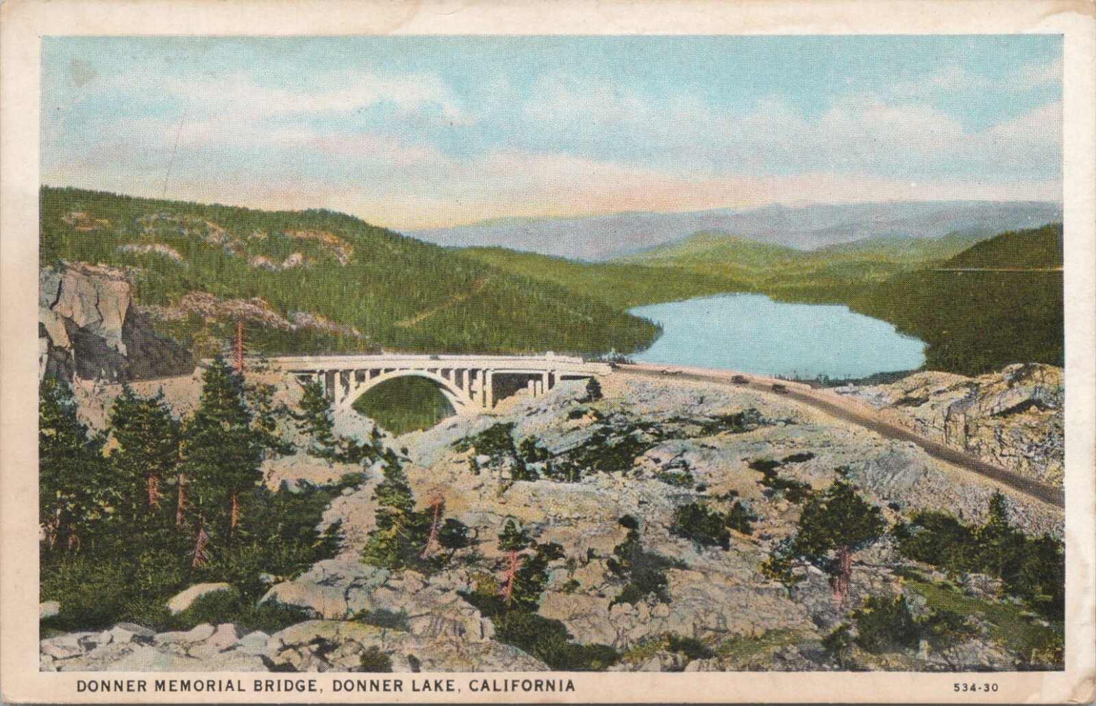 Lithograph Donner Lake California View of Donner Memorial Bridge c. 1930s