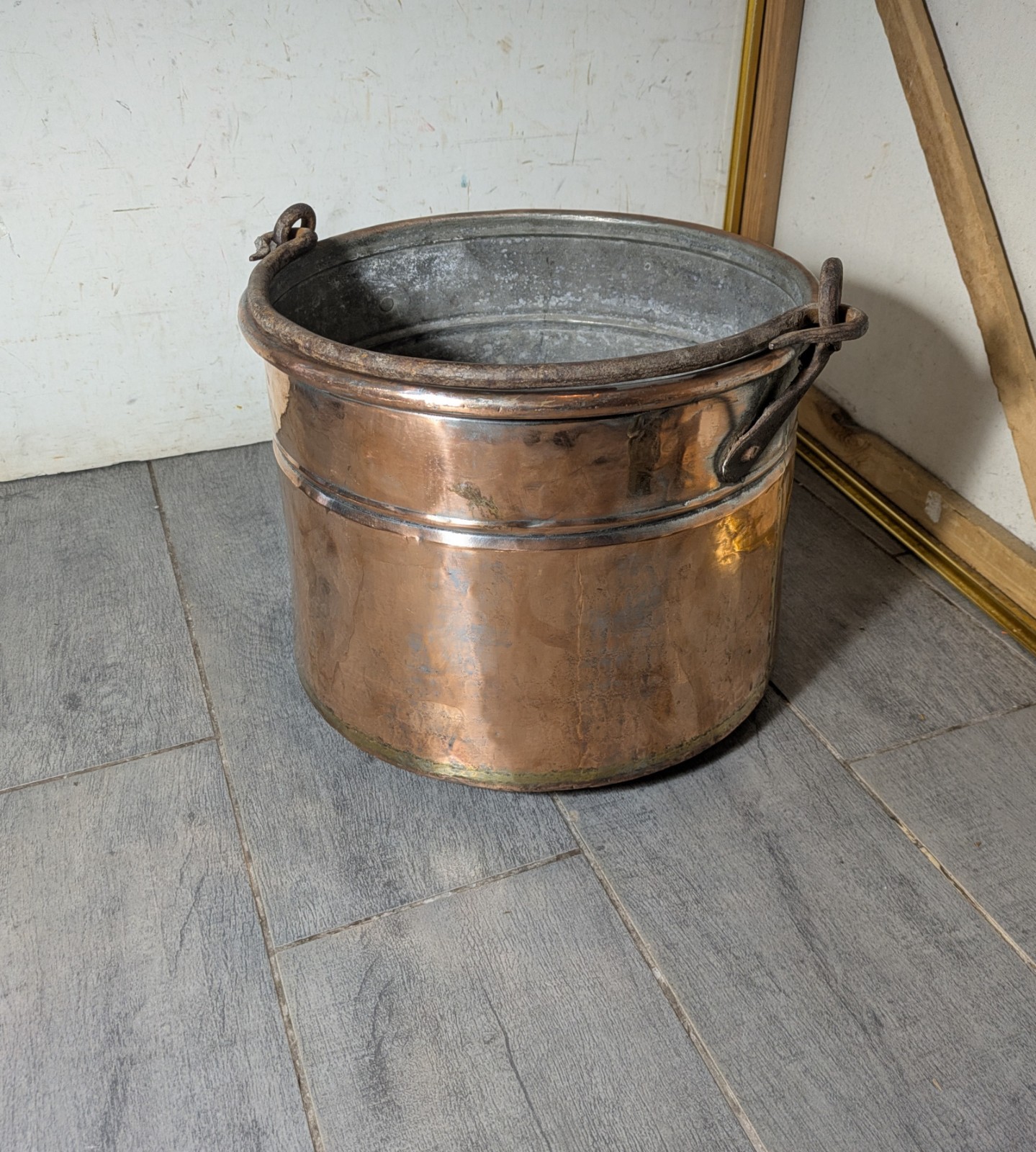 Vintage Turkish Hammered Copper Cauldron Kettle Bucket Hanging Hearth Pot Rustic