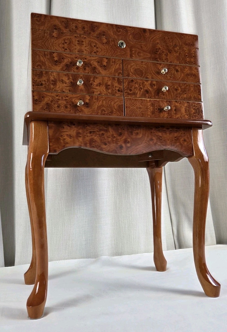 VTG Burl Cedar Wood Cigar Humidor Cabinet  Freestanding Cabriol Curved Legs