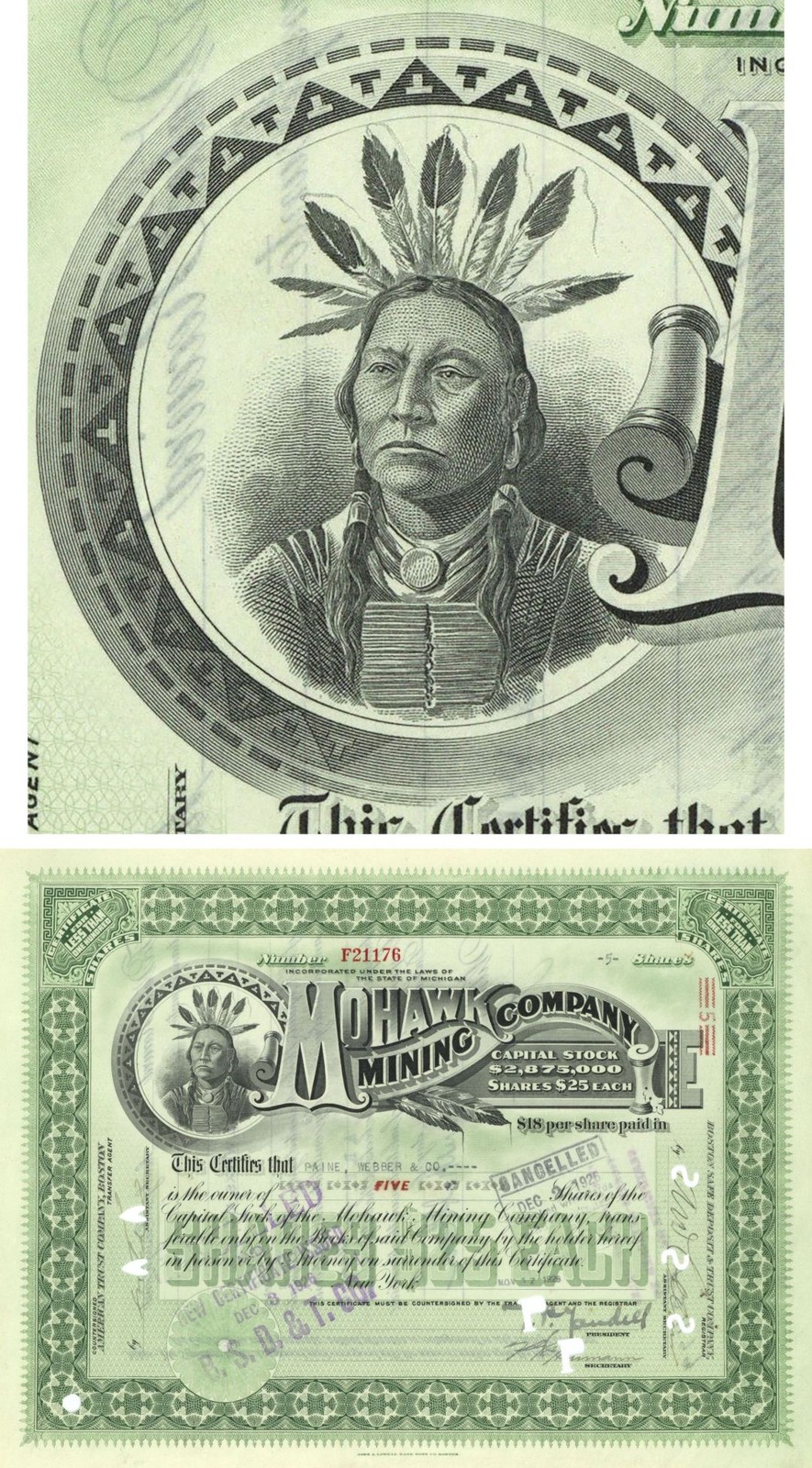 Mohawk Mining Co. - Beautiful Indian Vignette - 1912-1929 dated Michigan Minin Mohawk Mining Co. - Beautiful Indian Vignette - 1912-1929 dated Michigan Minin