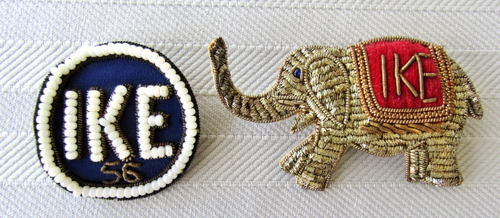 PAIR of 1950s IKE Eisenhower ELEPHANT president metal thread brooch pin & IKE 56
