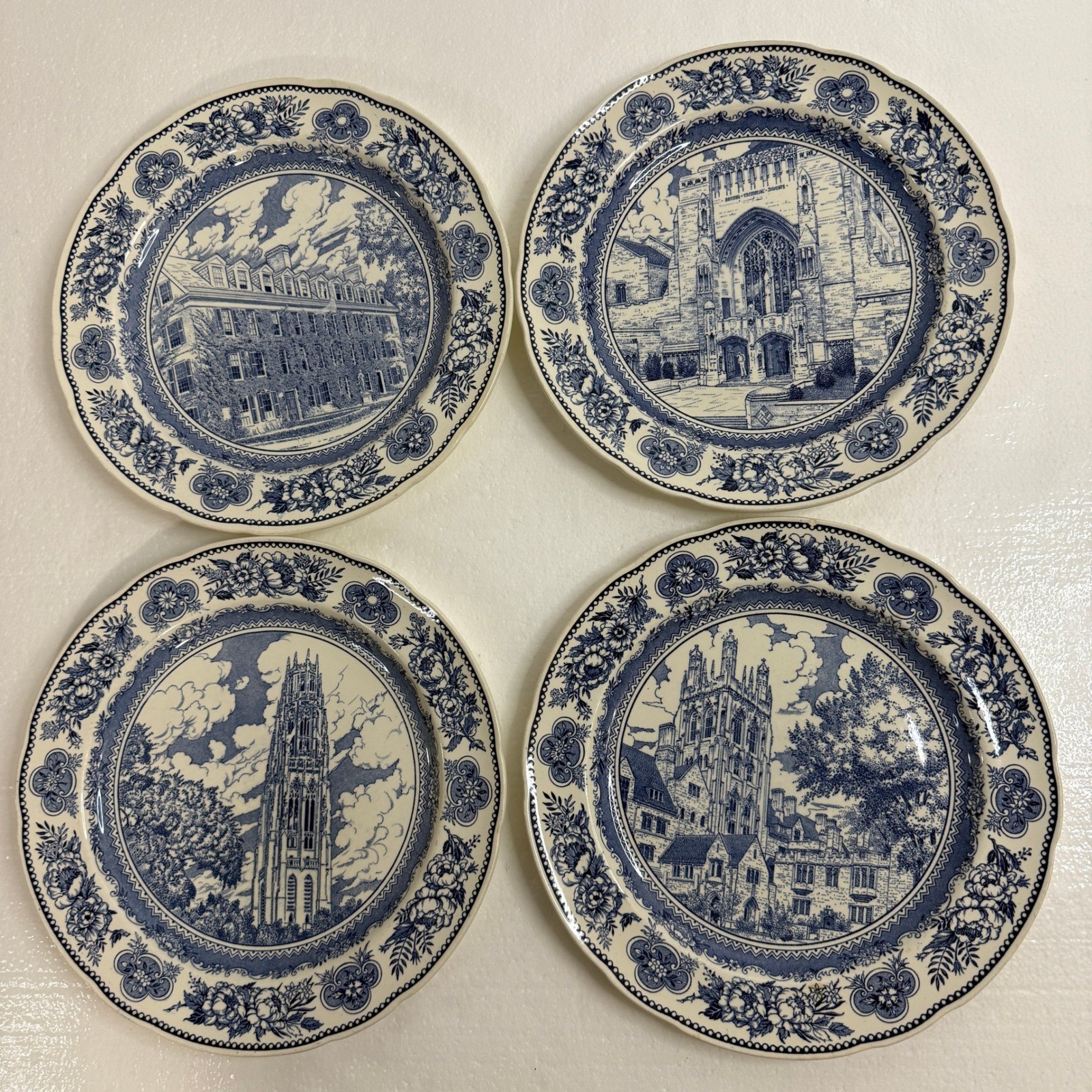 Wedgwood Yale University Blue White Plates Set 4 1949 Sterling Harkness Wrexham Wedgwood Yale University Blue White Plates Set 4 1949 Sterling Harkness Wrexham