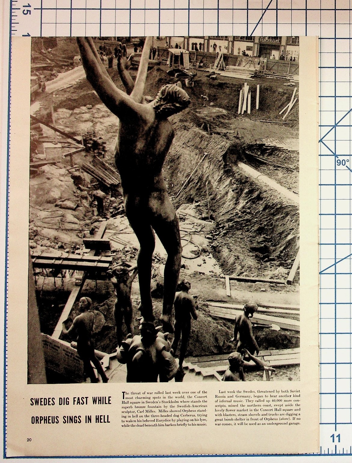 1940s Carl Milles Orpheus Fountain Stockholm Bomb Shelter Magazine Page