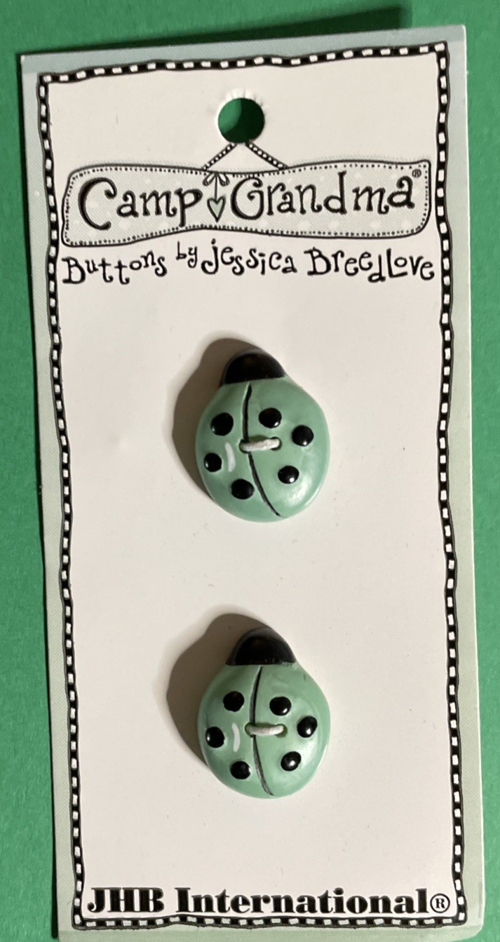 (2)JHB 3/4” CAMP GRANDMA J BREEDLOVE BLUE BEETLE BUG 2-HOLE PLASTIC BUTTONS-T917