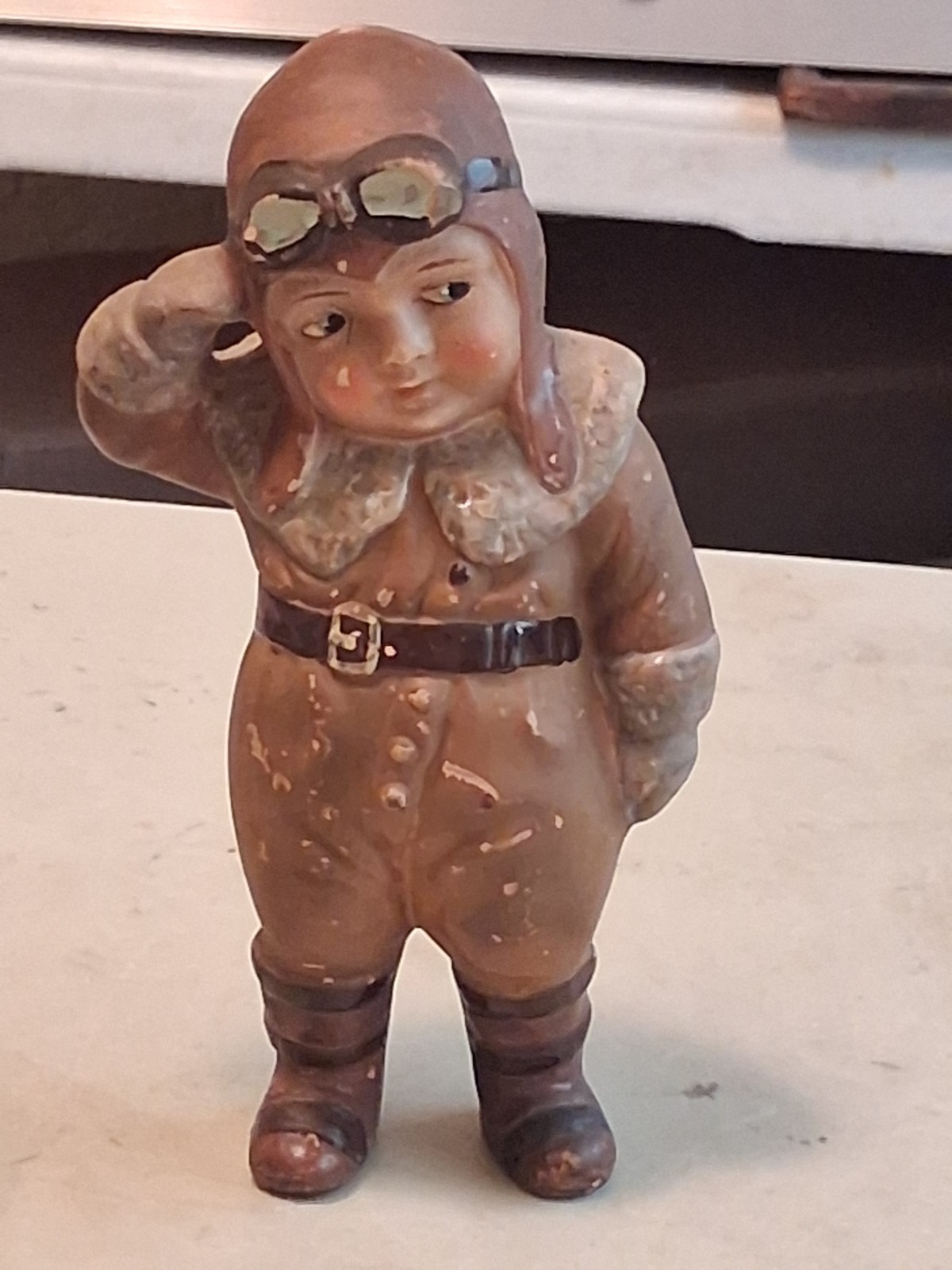 Antique 1920s BISQUE PORCELAIN GIRL AVIATOR SALUTING FIGURINE SCARCE