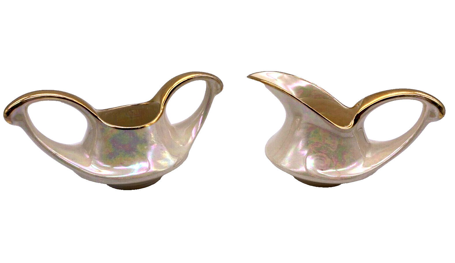 Art Deco Lusterware Iridescent Sugar and Creamer Set 22k Gold Accent Trim