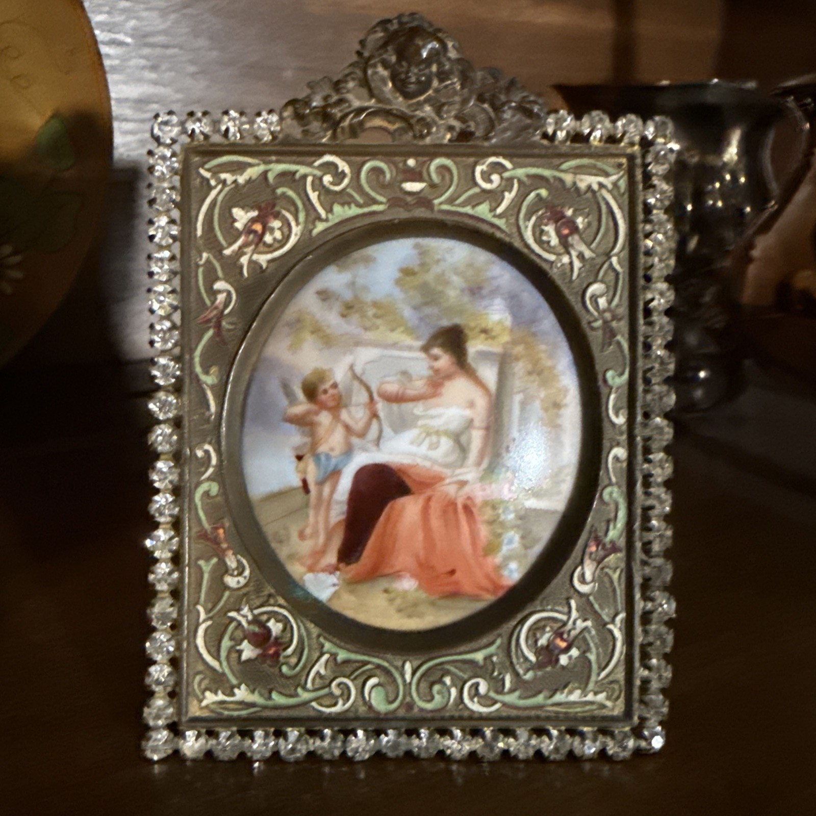 Antique, Guaranteed, A. M. W. 24 Kt Gold Plate Rhinestone Picture Frame Cherub