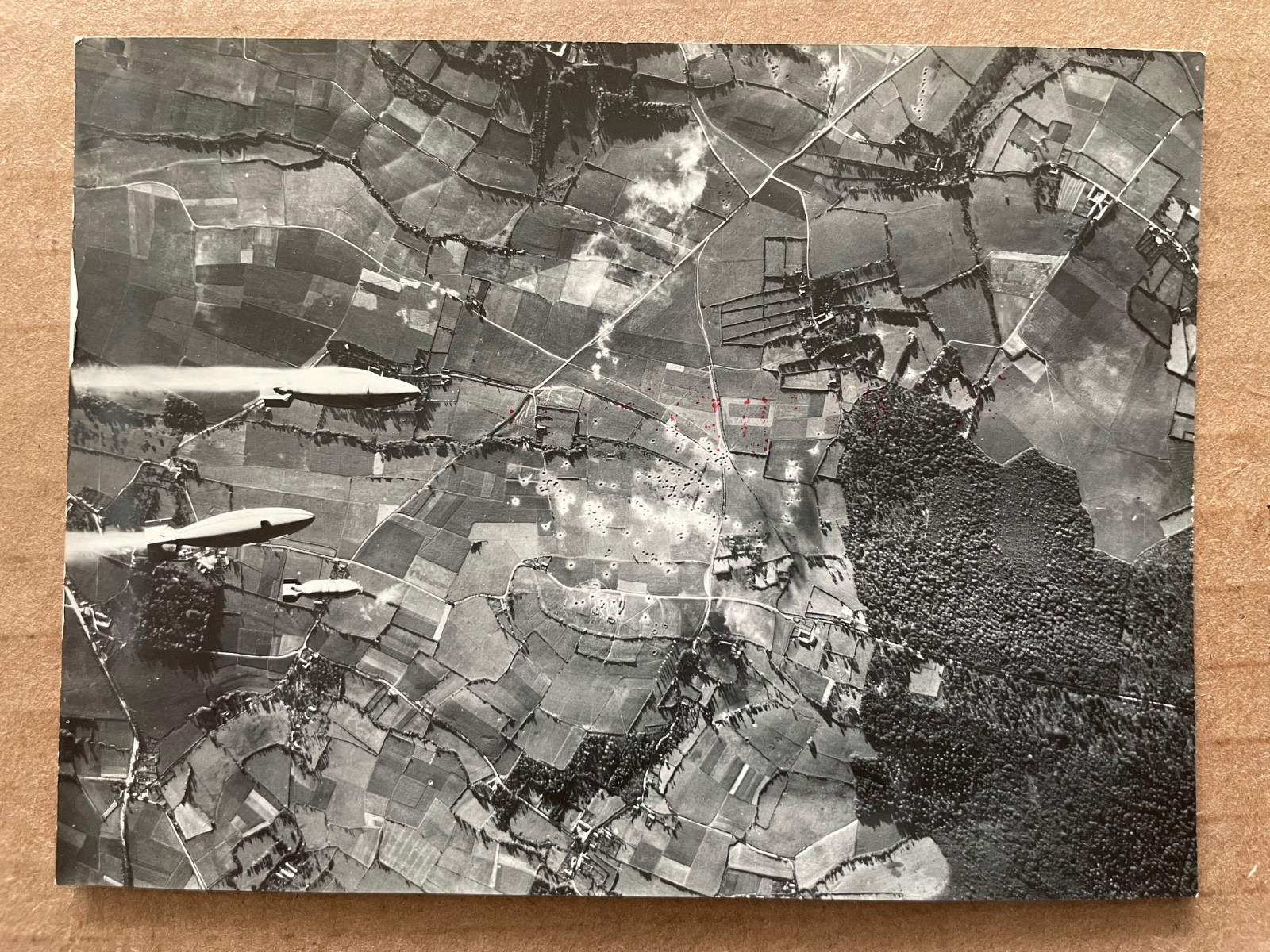 1944 WWII PHOTO Airplane Aerial Reconnaissance Foret de Boulogne France Bombs 24