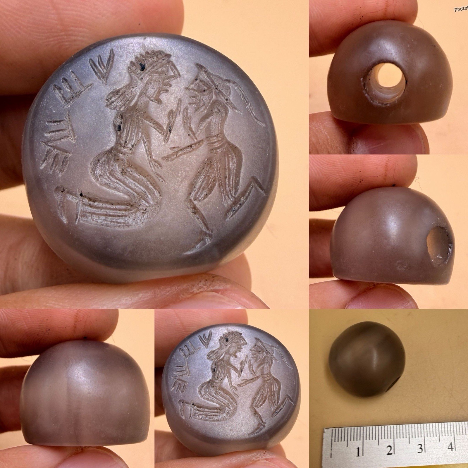 Ancient  Roman Near Eastern Old Intaglio Seal Stone King Agate Bead Stamp