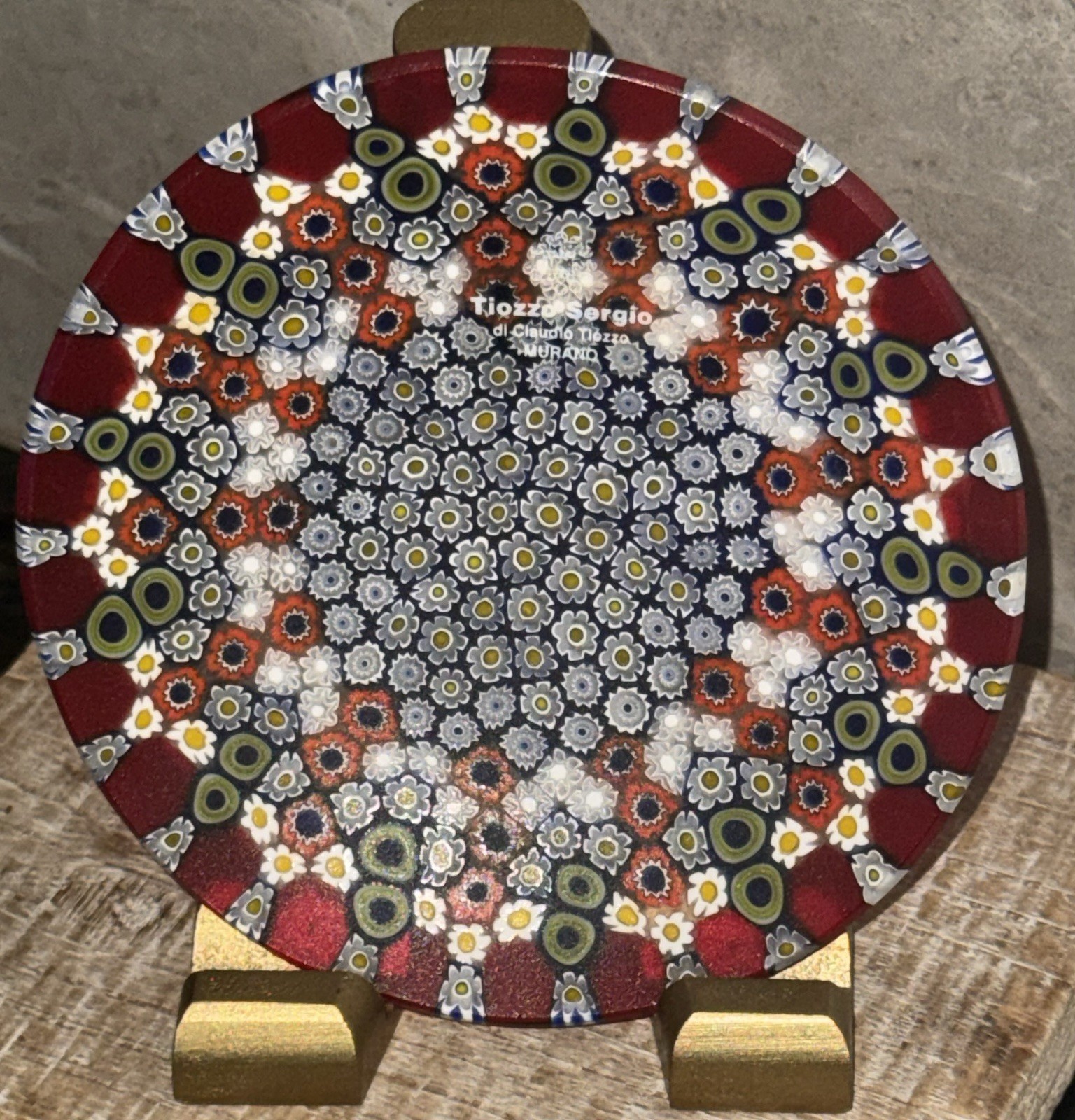 Murano Tiozzo Sergio Di Claudio Tiozzo 4.5” Millfiori Plate W/Stand Wine Blue
