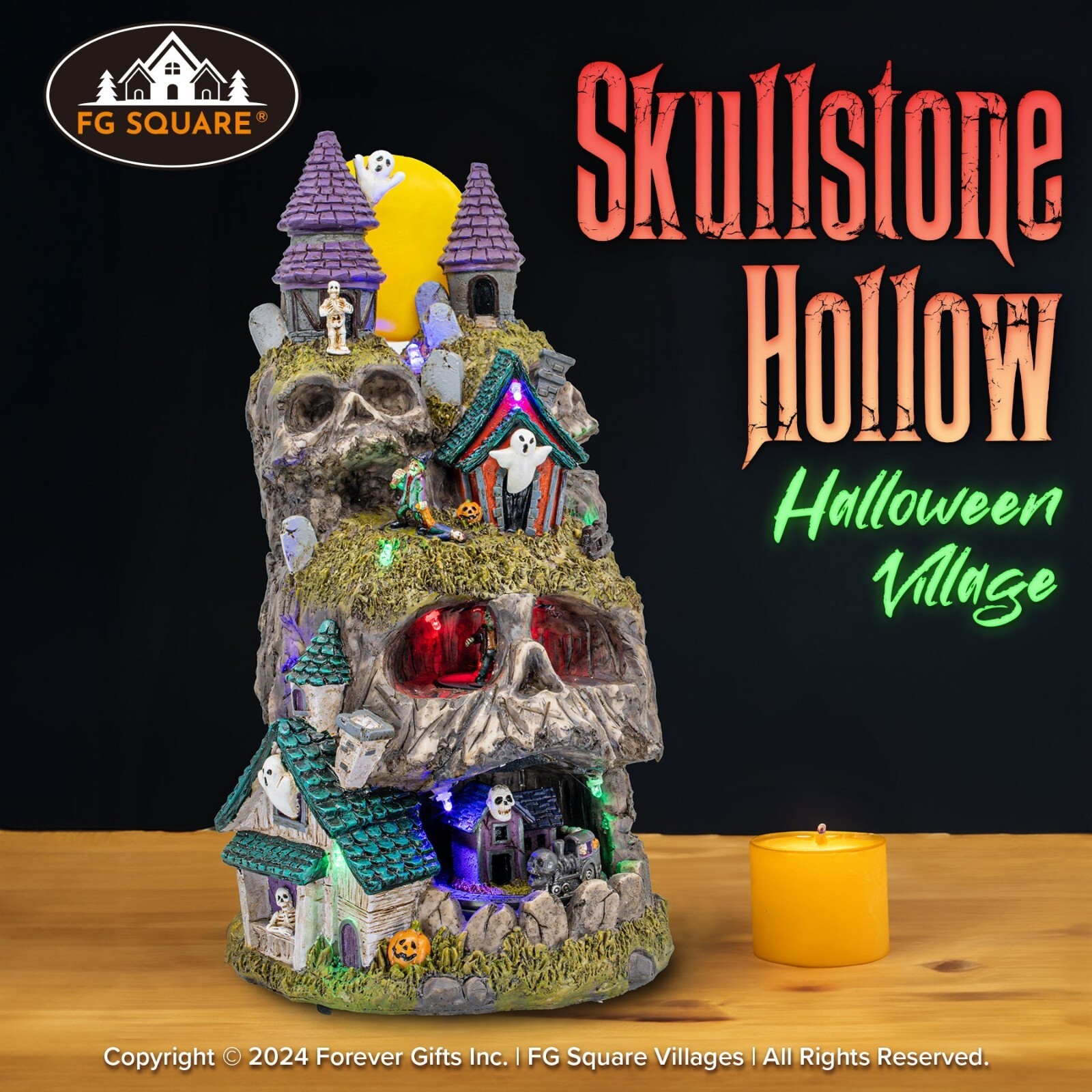FG Square Skullstone Hollow Skull Theme Spooky Halloween Village Decor 8x8x14 FG Square Skullstone Hollow Skull Theme Spooky Halloween Village Decor 8x8x14