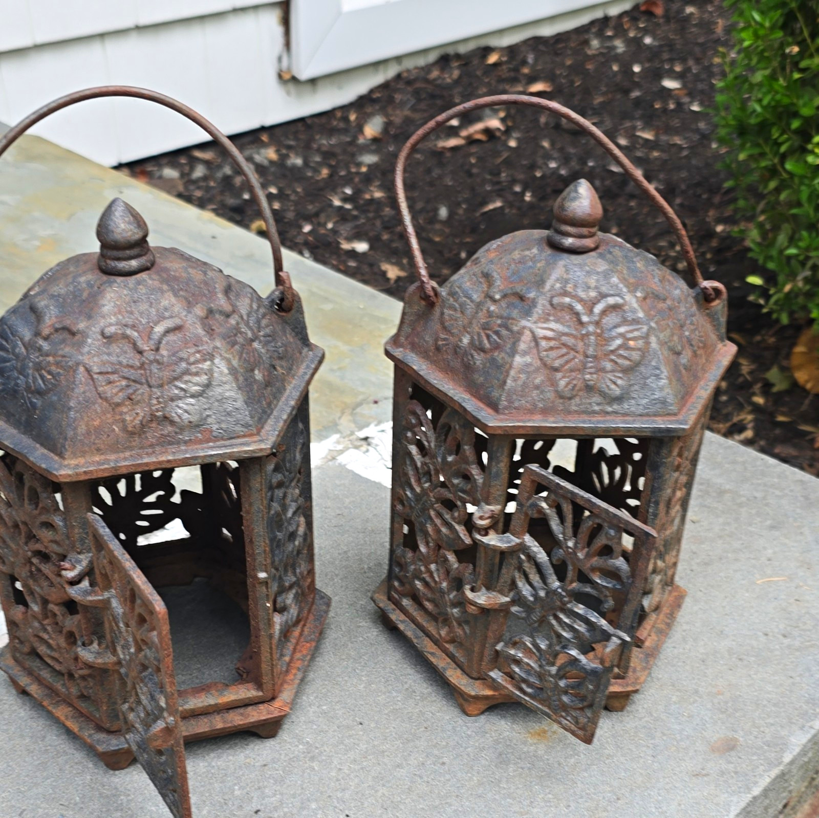 Pair Vintage Japanese-Style Cast Iron Lanterns w/ Leaf Cutouts & Butterfly Motif