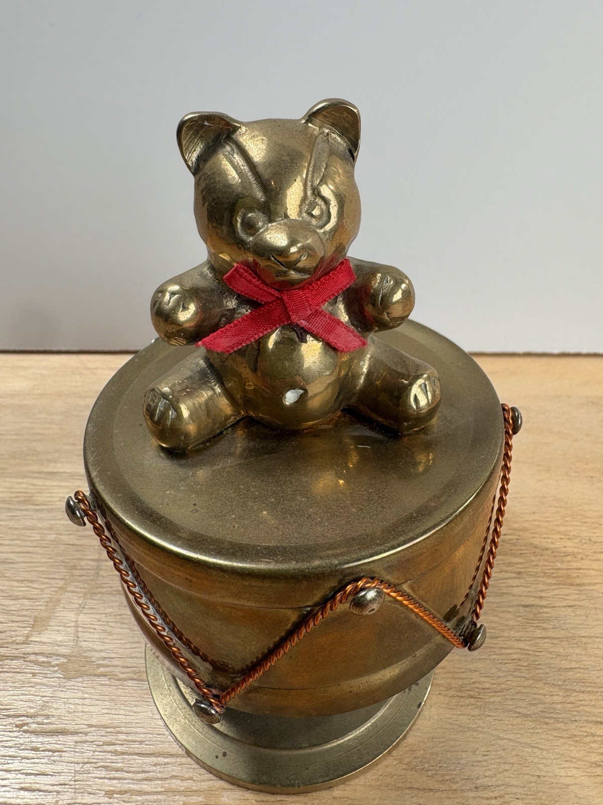 Vintage George Good Brass Teddy Bear Music Box Wind Up Snare Drum Nursery Taiwan