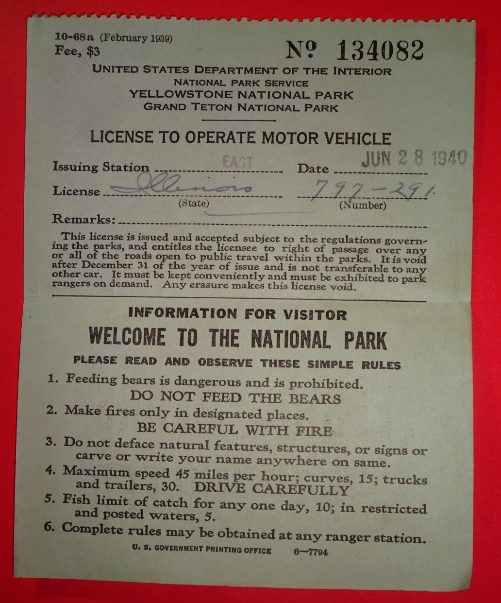 1940 Yellowstone National Park Motor Vehicle Park Pass