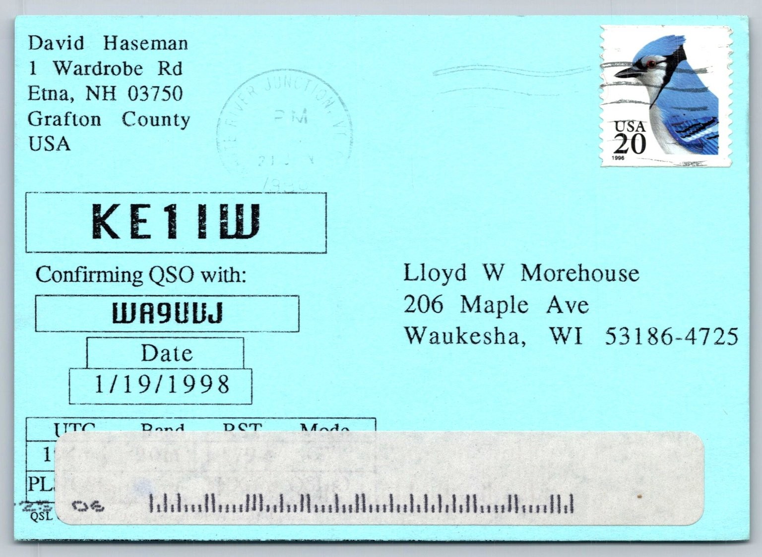 1998 KE1IW Etna NH QSL Card WA9UJJ Waukesha WI Blue Jay Stamp Amateur Radio A29