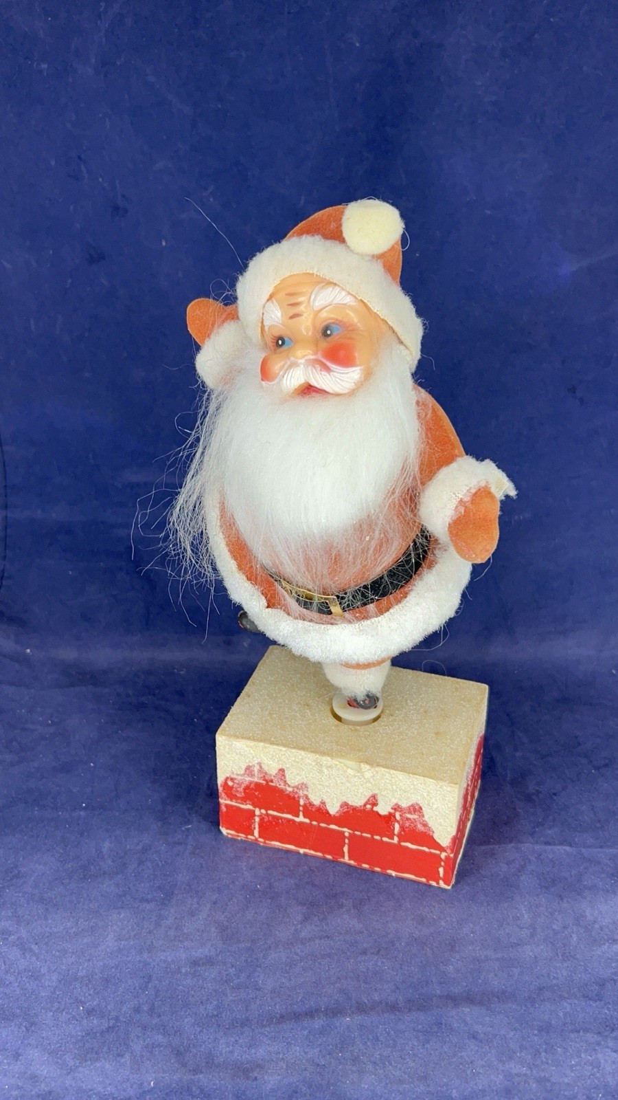 Vintage Flocked Rotating Santa On Chimney Music Jingle Bells Working 10\