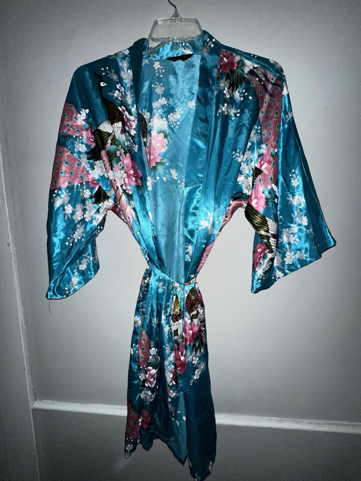 Blue Japanese Kimono With Peacock Design 1980s Vintage