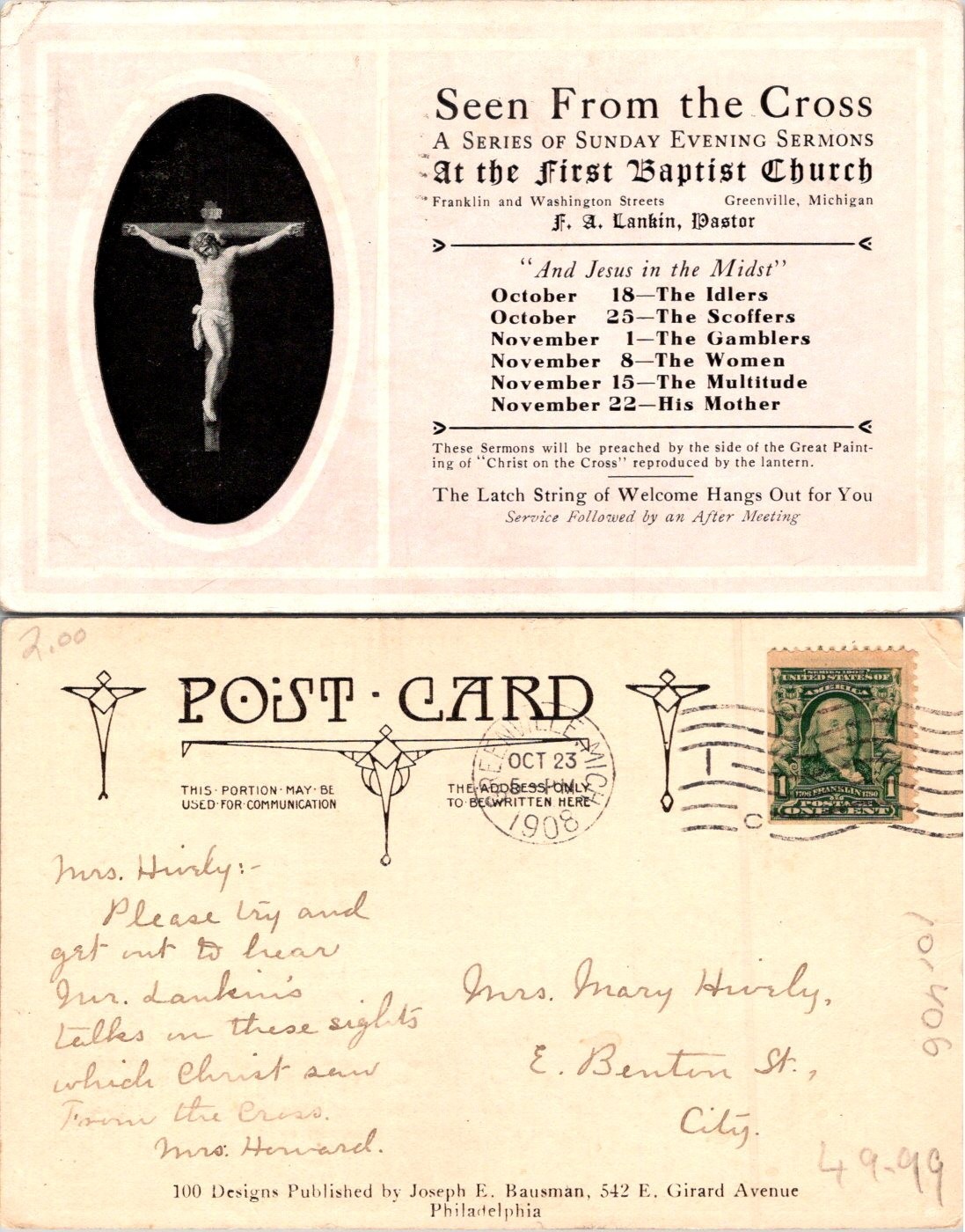 Greenville MI First Baptist Church Service Schedule 1908 Postcard 101406