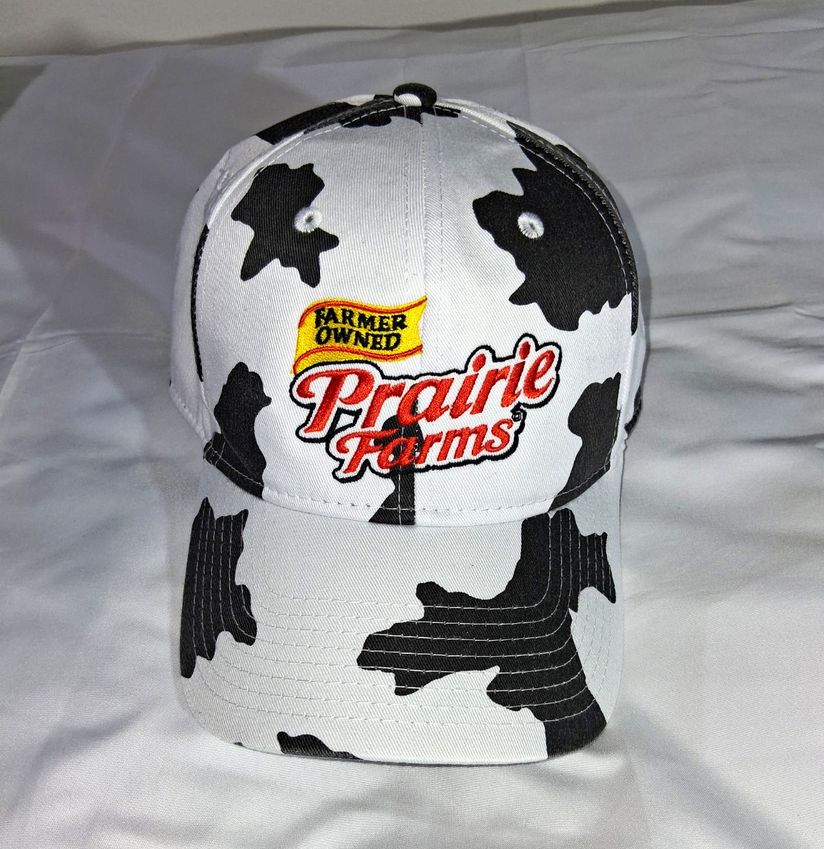 Prairie Farms OTTO Cow Print Snapback Hat Black White Farmer Owned Dairy Cap