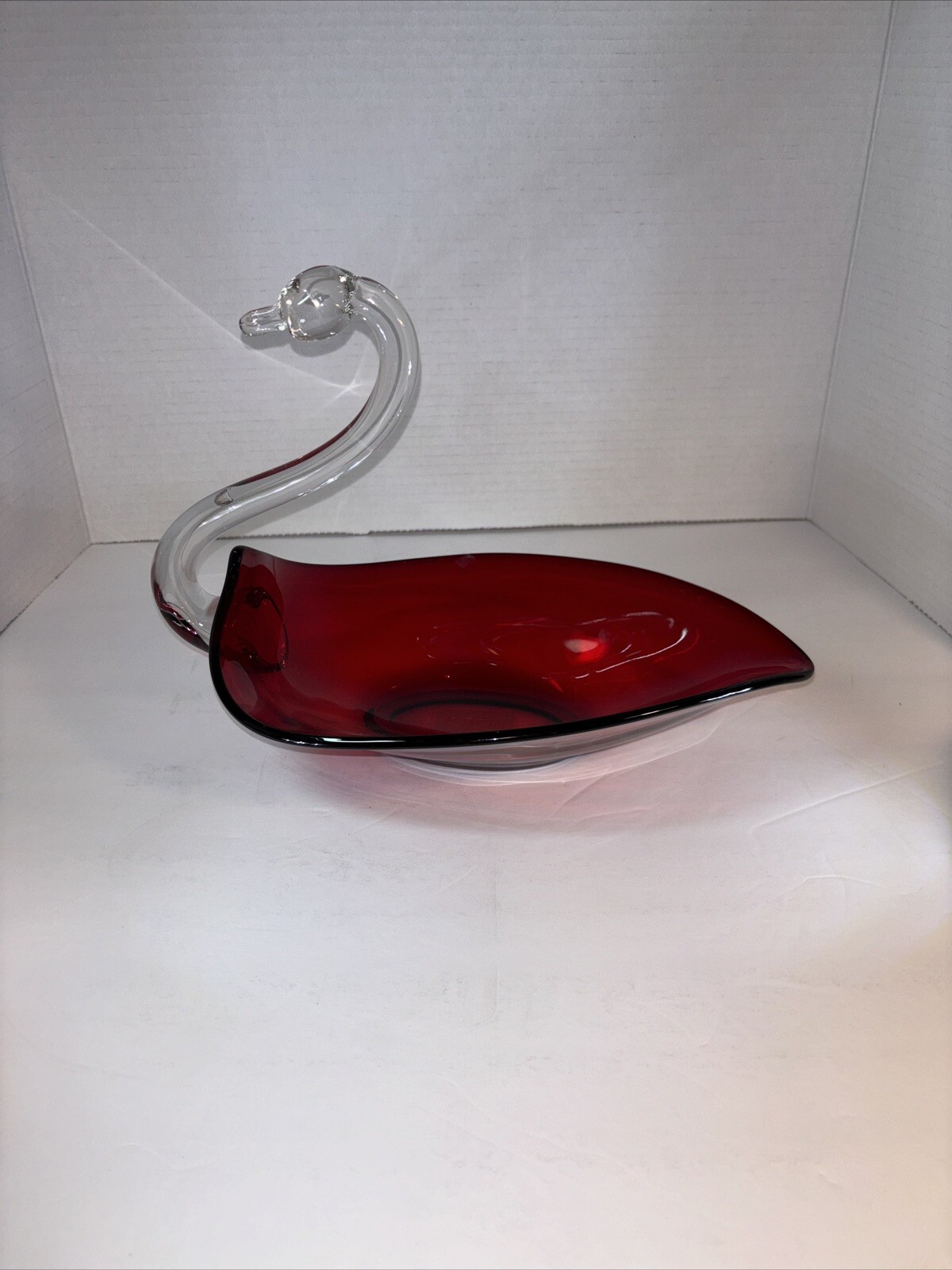Vintage DUNCAN MILLER Ruby Red and Clear Glass Swan Dish/bowl tabletop decor