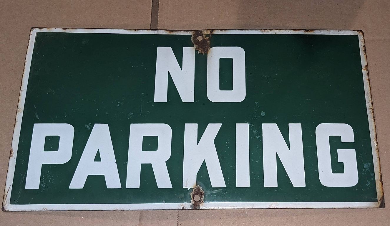 Vintage Porcelain No Parking Sign Green 15 x 8 Inches Old Thick Metal