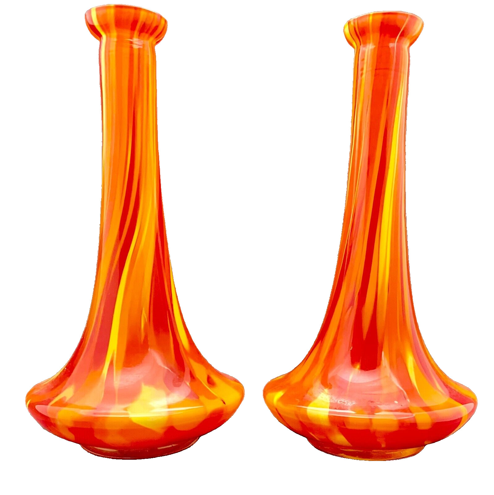 PAIR OF VTG CZECH SPATTER ART DECO RED/YELLOW GLASS TRUMPET VASES 8.5