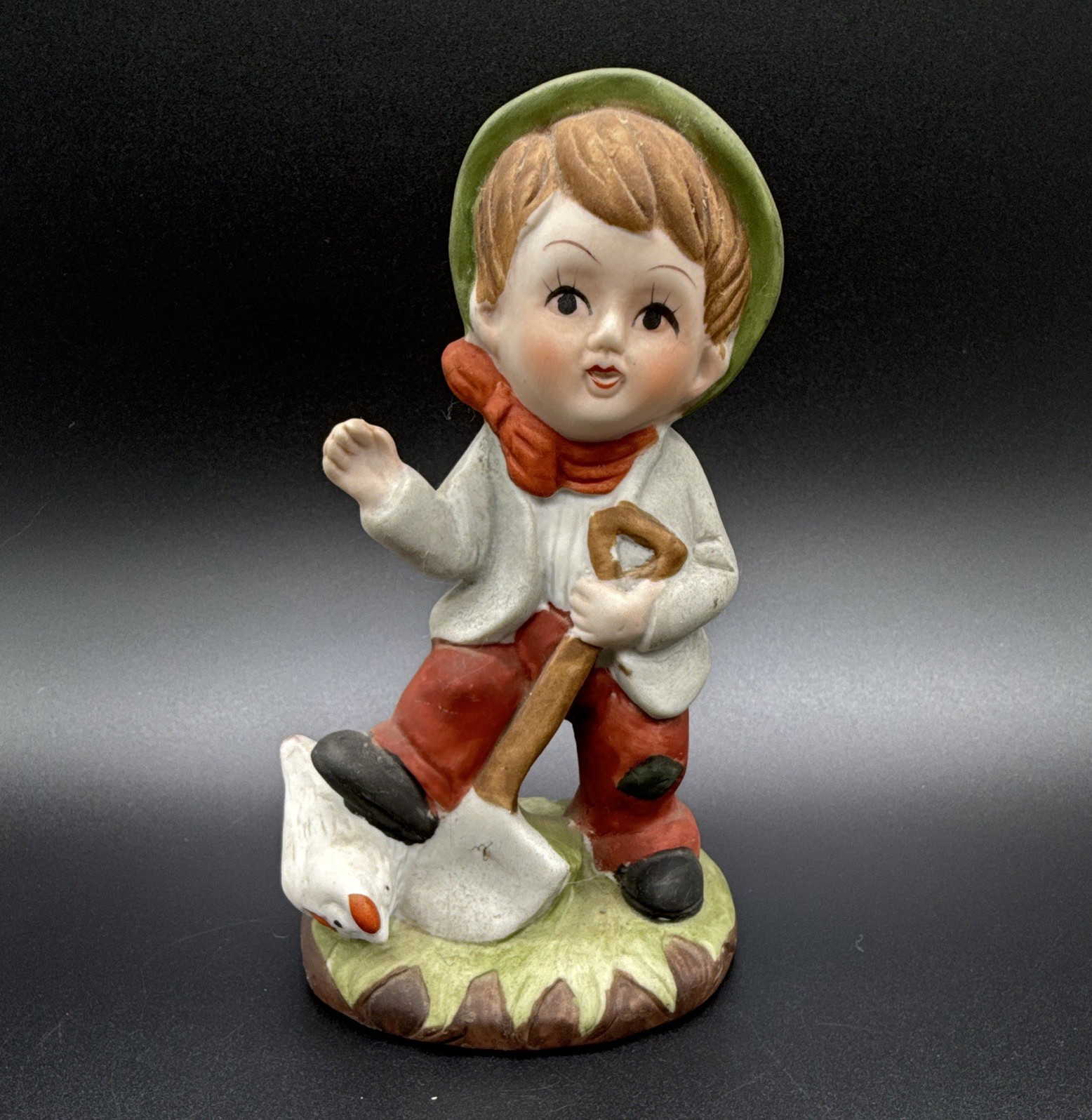 Hand Painted Ceramic Boy w/ Goose Figurine Multicolor Painted Finish Kids