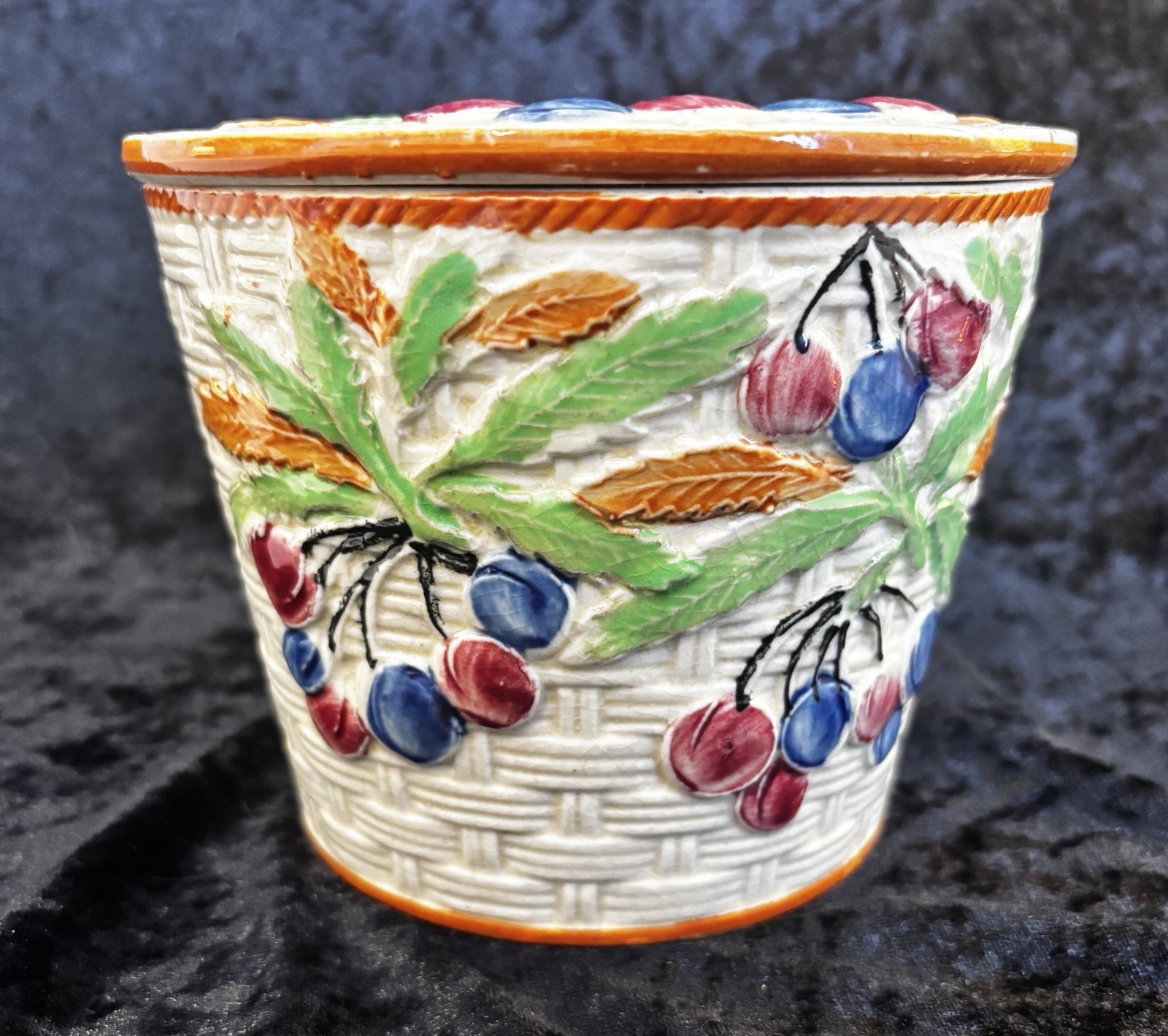 VTG/ATQ Japanese Floral Basketweave Hand-painted Majolica Biscuit Jar w/ Lid
