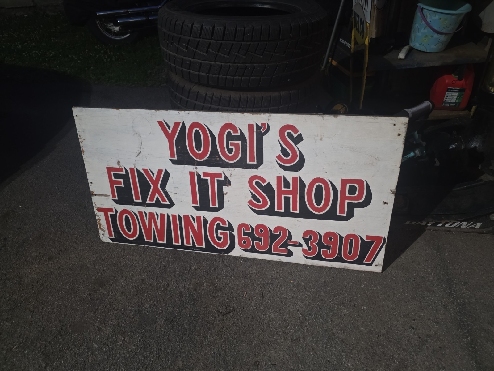 Vintage Sign Wood 4'x2' Yogi's Fix It Shop Towing