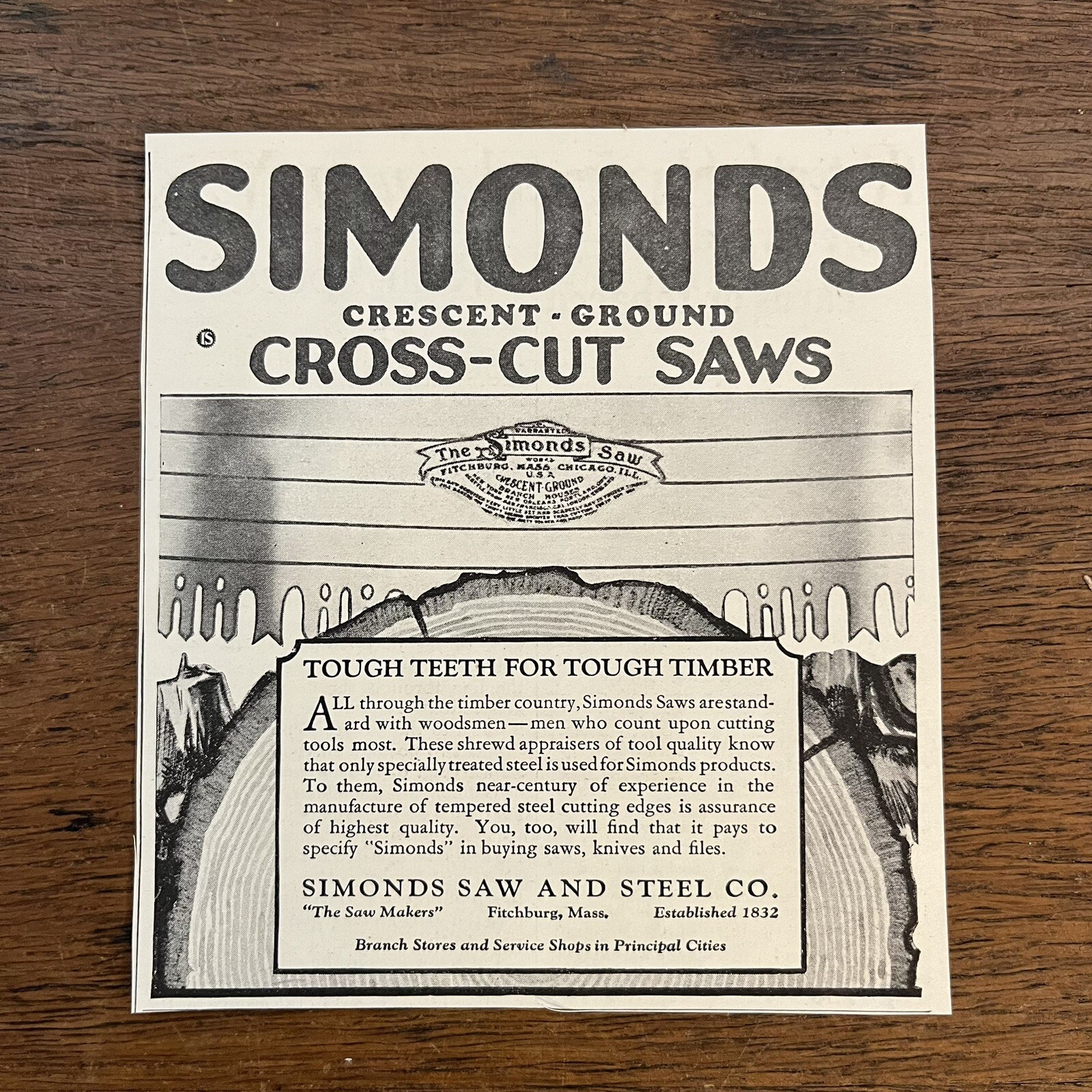 Simonds Crescent Ground Cross Cut Saws 1926 Print Advertisement