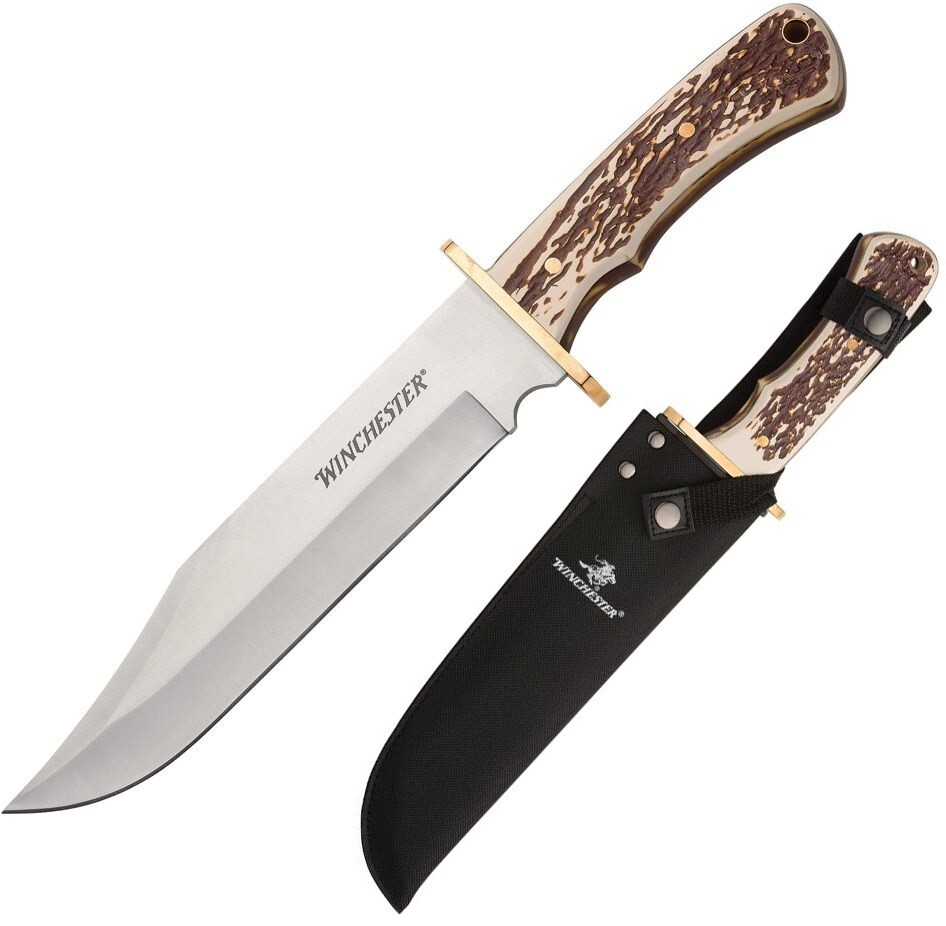 Winchester XL Fixed Knife 8.75 Stainless Steel Bowie Blade Imitation Stag Handle