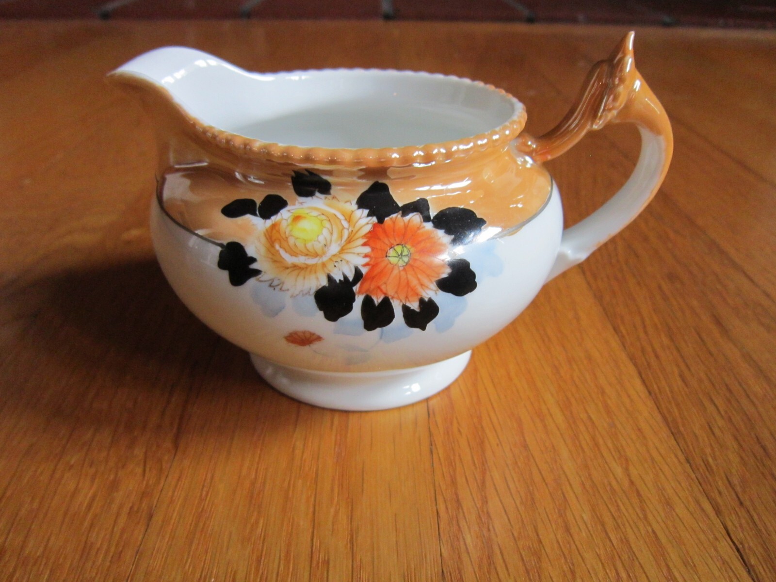 Vtg Lusterware Creamer Made in Japan White Peach w Yellow Orange Flowers Black